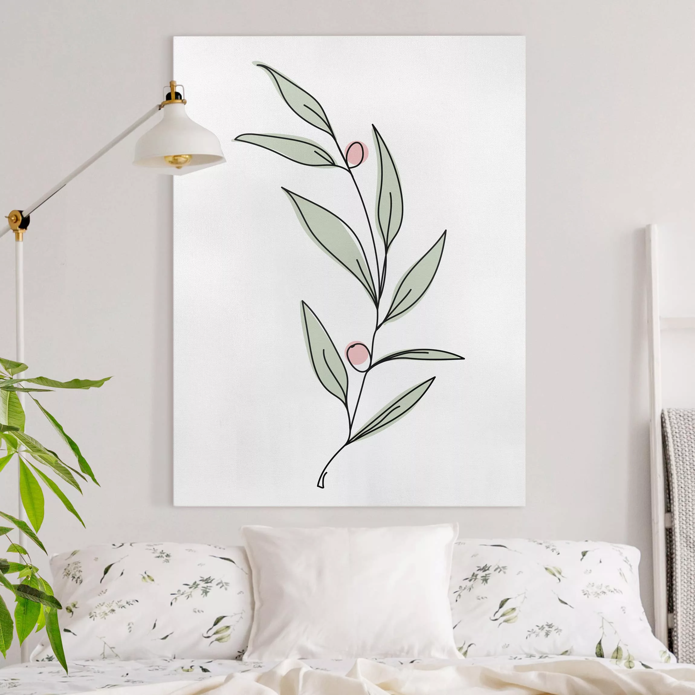 Leinwandbild Blumen - Hochformat Zweig mit Beeren Line Art günstig online kaufen