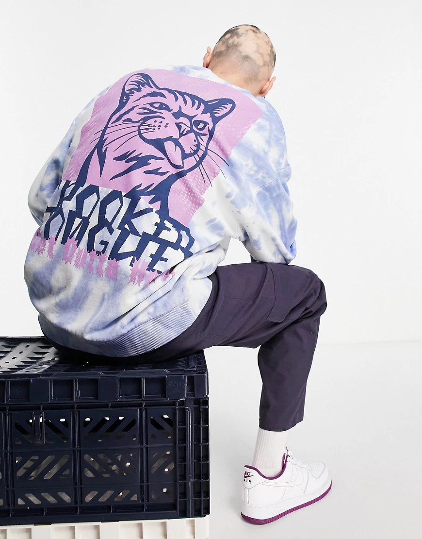 Crooked Tongues – Sweatshirt in Blau mit Batikmuster und Katzen-Print auf d günstig online kaufen