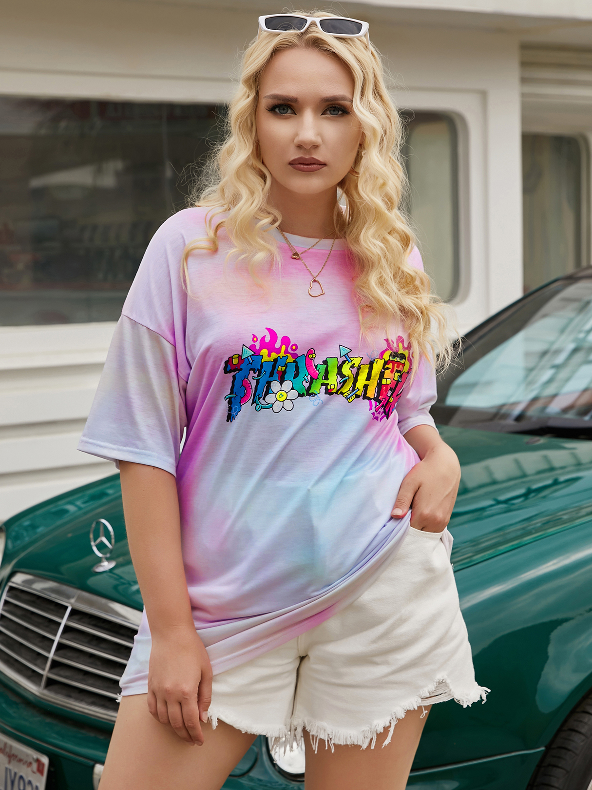 Plus Size Letter Tie Dye Rundhalsausschnitt Kurzarm T-Shirt günstig online kaufen