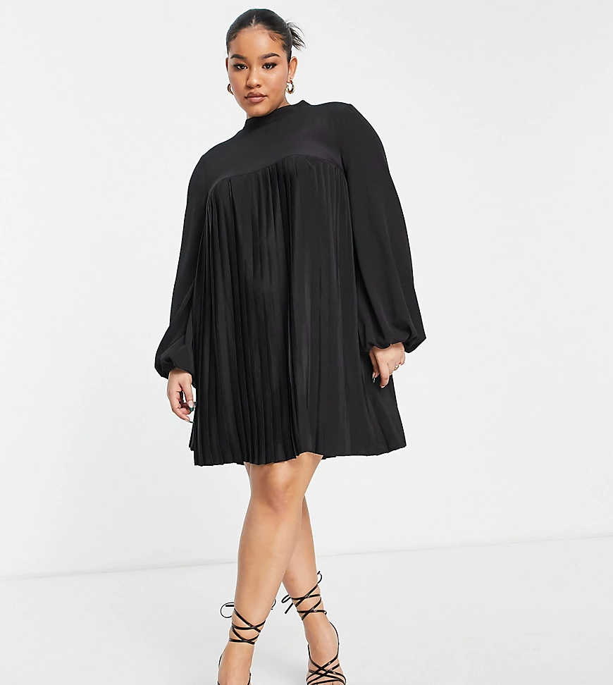 ASOS DESIGN Curve – Hochgeschlossenes, trapezförmiges Minikleid in Schwarz günstig online kaufen