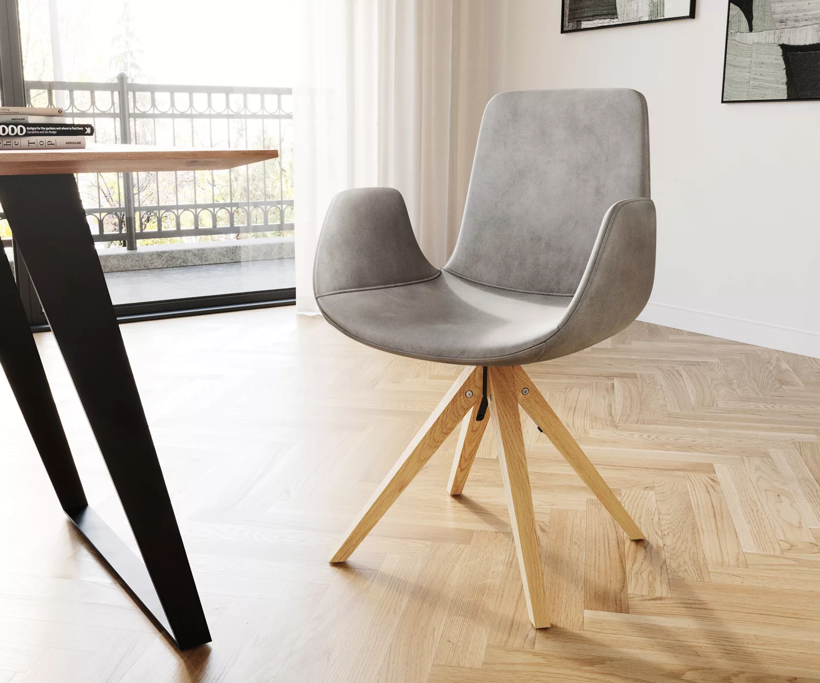 Drehstuhl Ilia-Flex mit Armlehnen Samt Grau Holzgestell konisch 180° drehba günstig online kaufen
