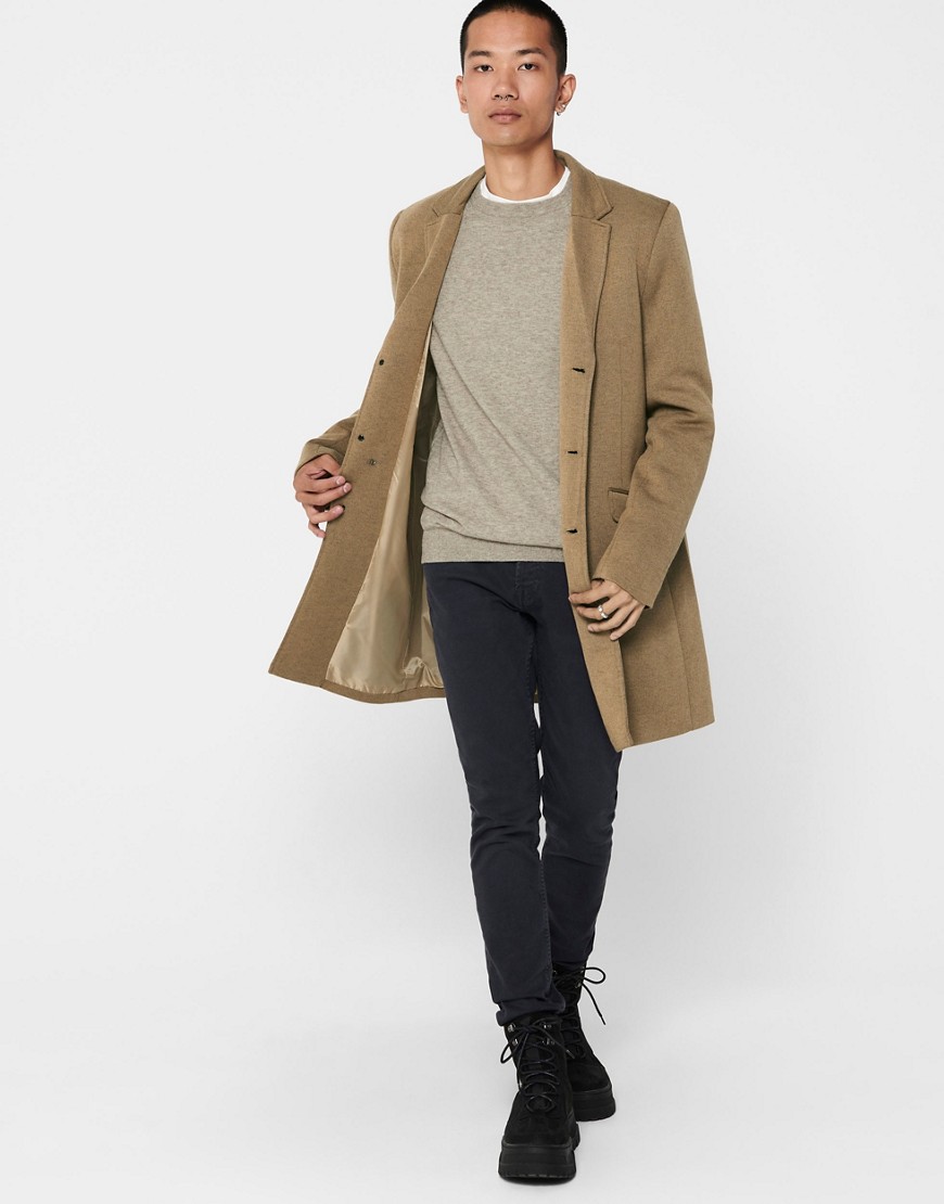 Only & Sons – Eleganter Mantel aus Jersey in Kamelbraun-Neutral günstig online kaufen