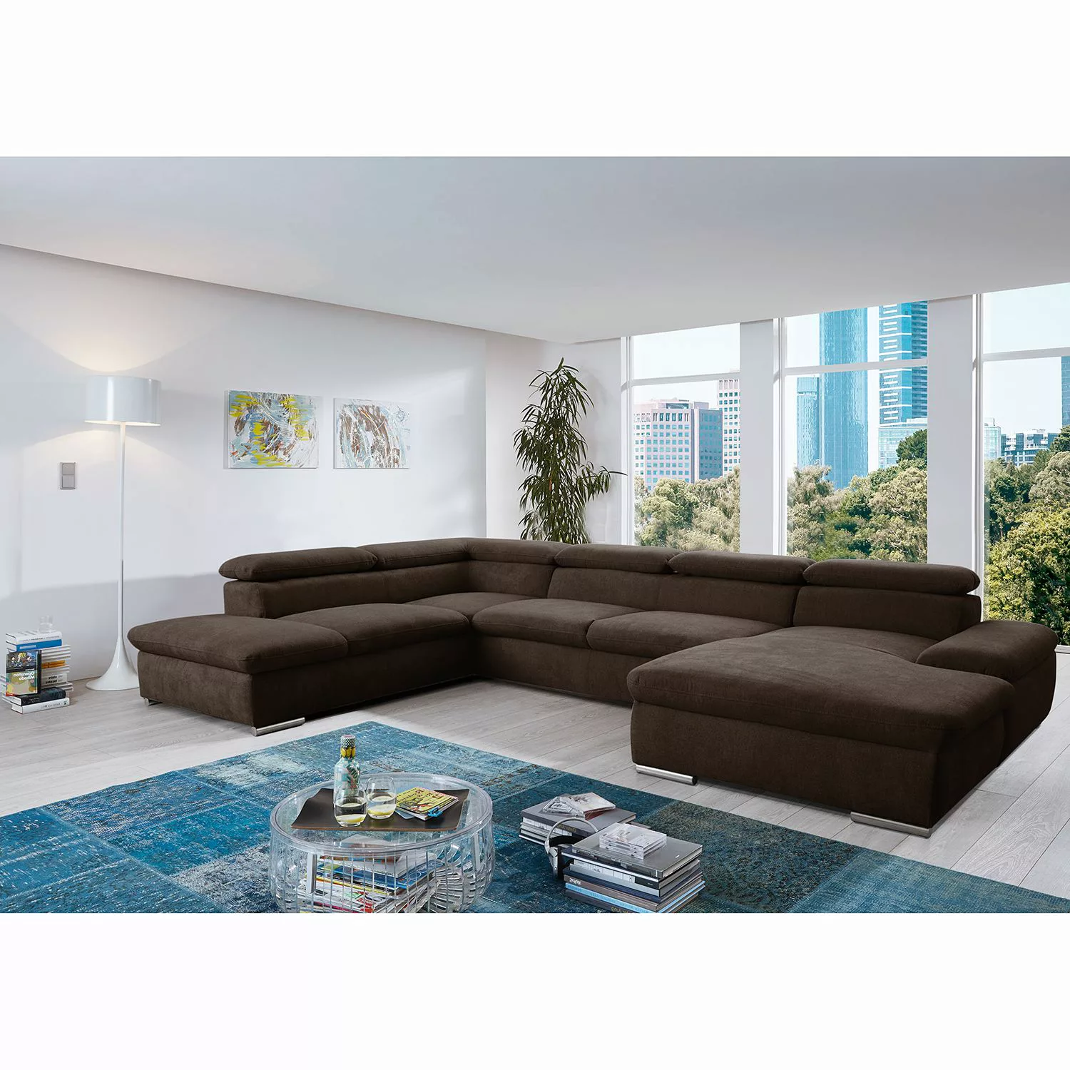 home24 loftscape Wohnlandschaft Glenaire I Dunkelbraun Strukturstoff 346x88 günstig online kaufen