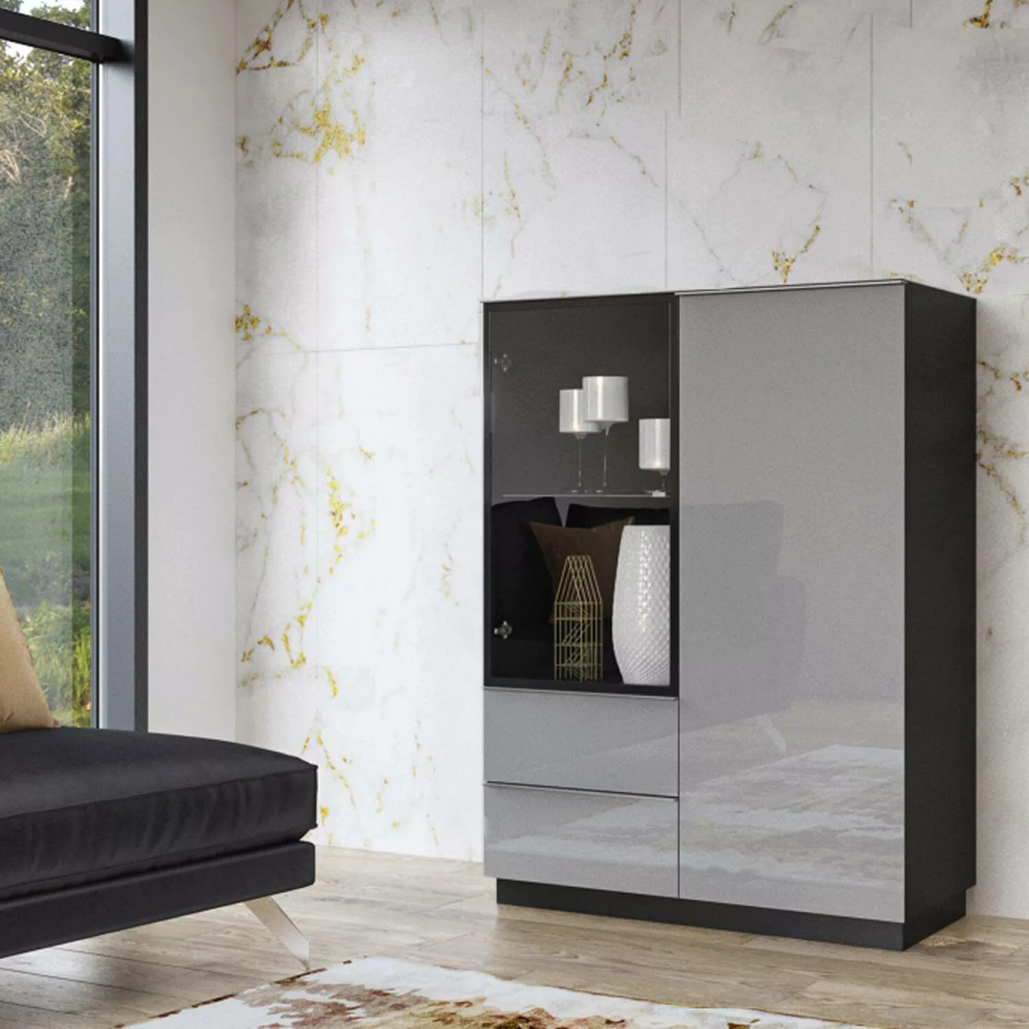 Highboard Vitrine grau modern HOOVER-83 mit Glasfronten und scharzem Korpus günstig online kaufen