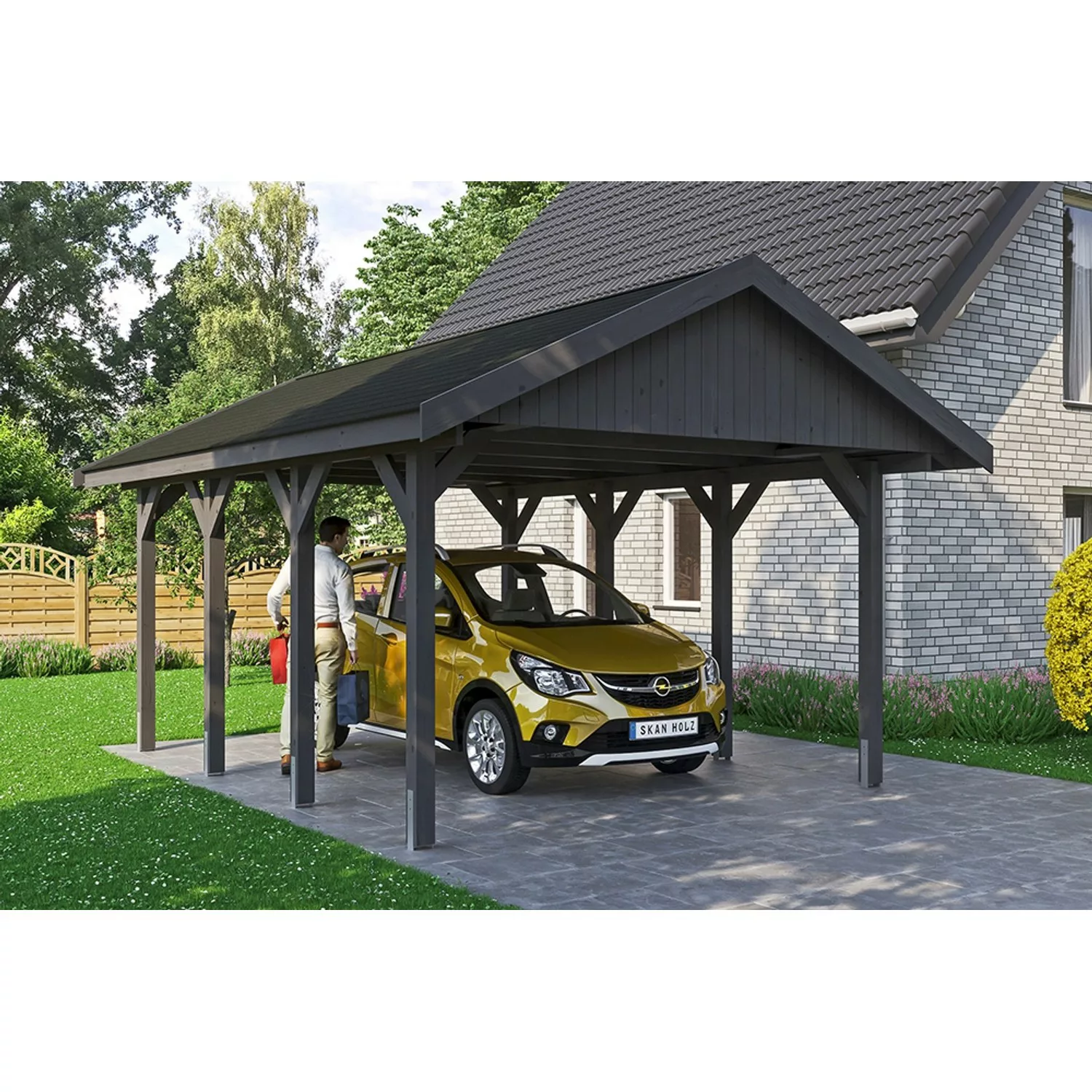 Satteldach-Carport Wallgau Schiefergrau 430 x 600 cm schwarze Schindeln günstig online kaufen