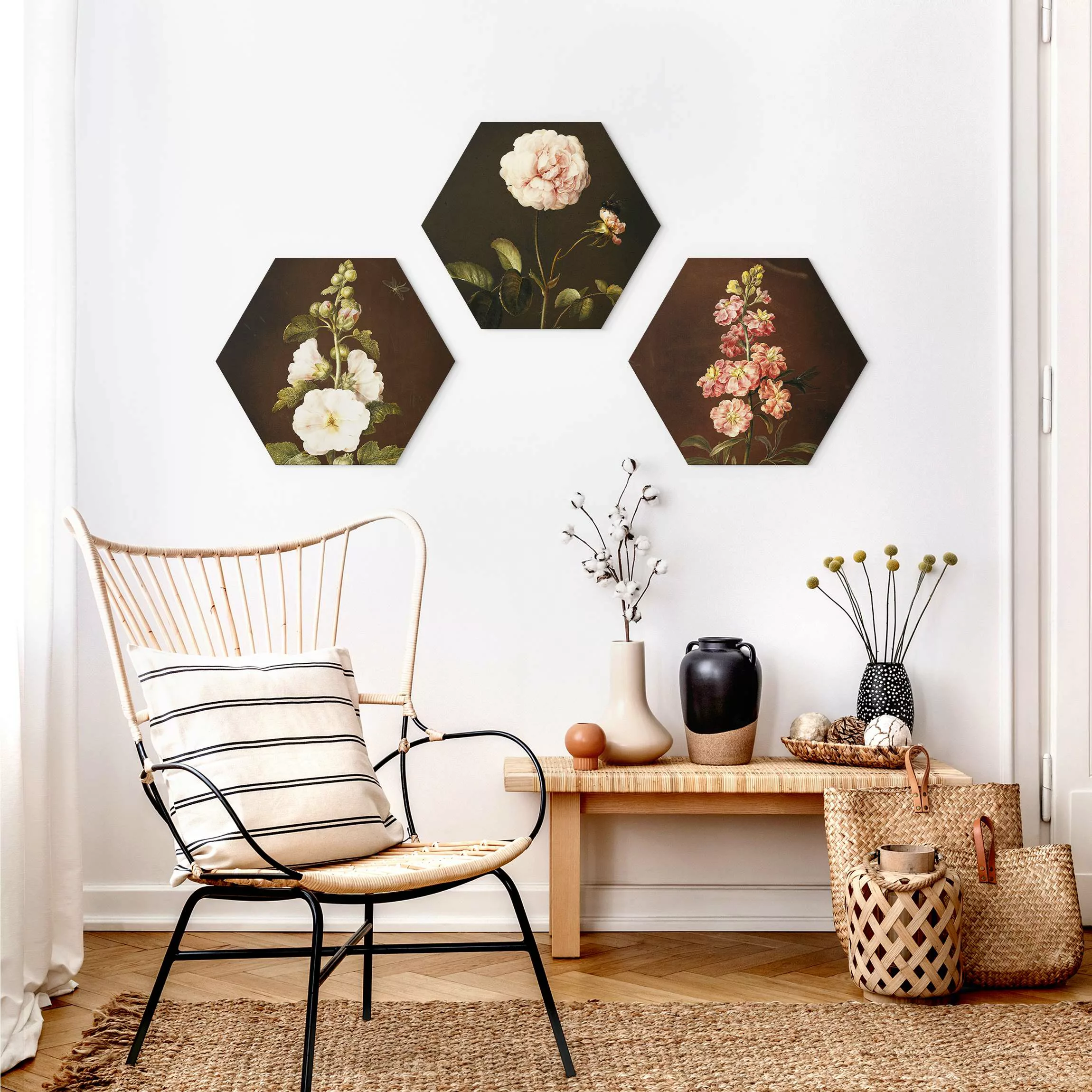3-teiliges Hexagon-Alu-Dibond Bild Barbara Regina Dietzsch - Rosen und Levk günstig online kaufen