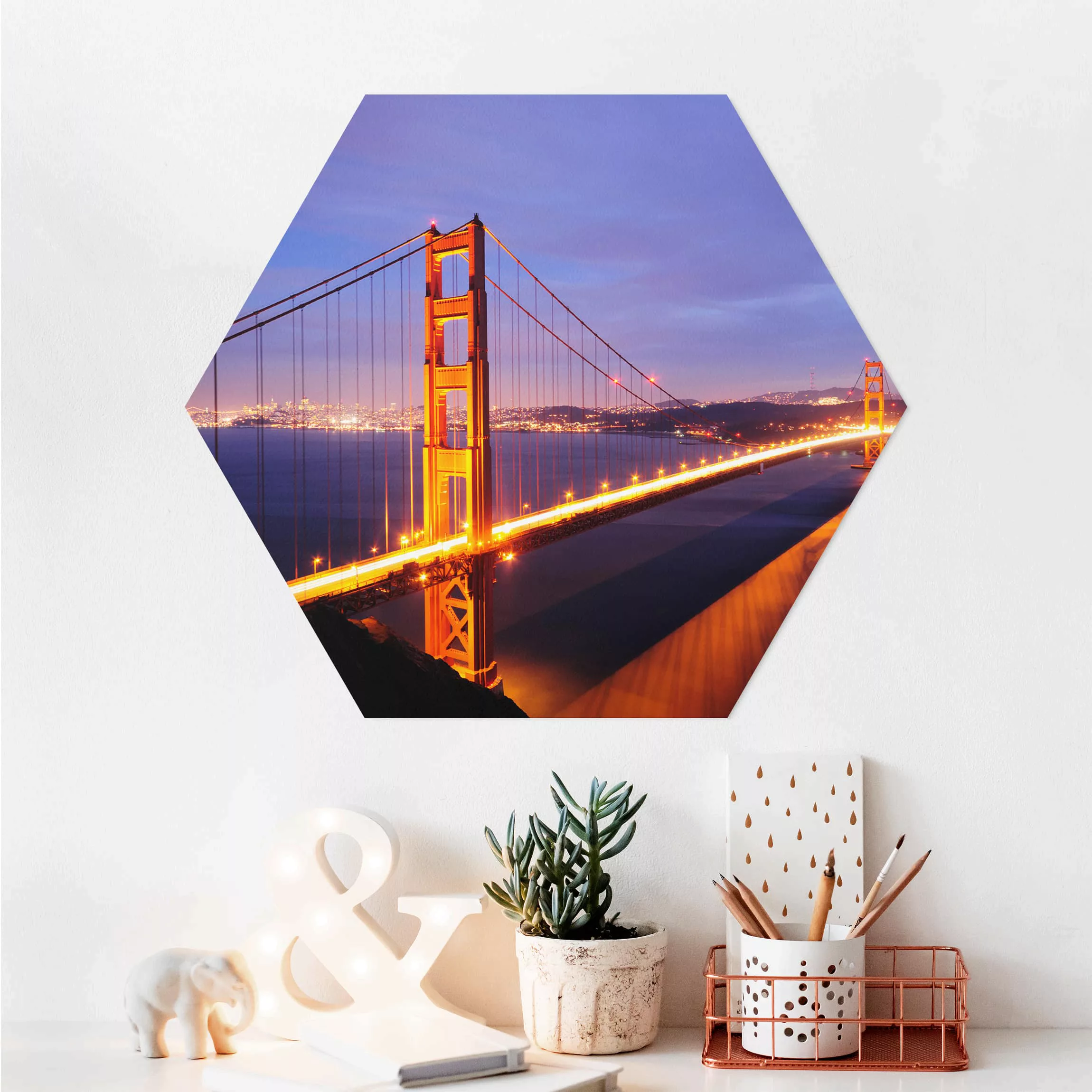 Hexagon-Alu-Dibond Bild Architektur & Skyline Golden Gate Bridge bei Nacht günstig online kaufen