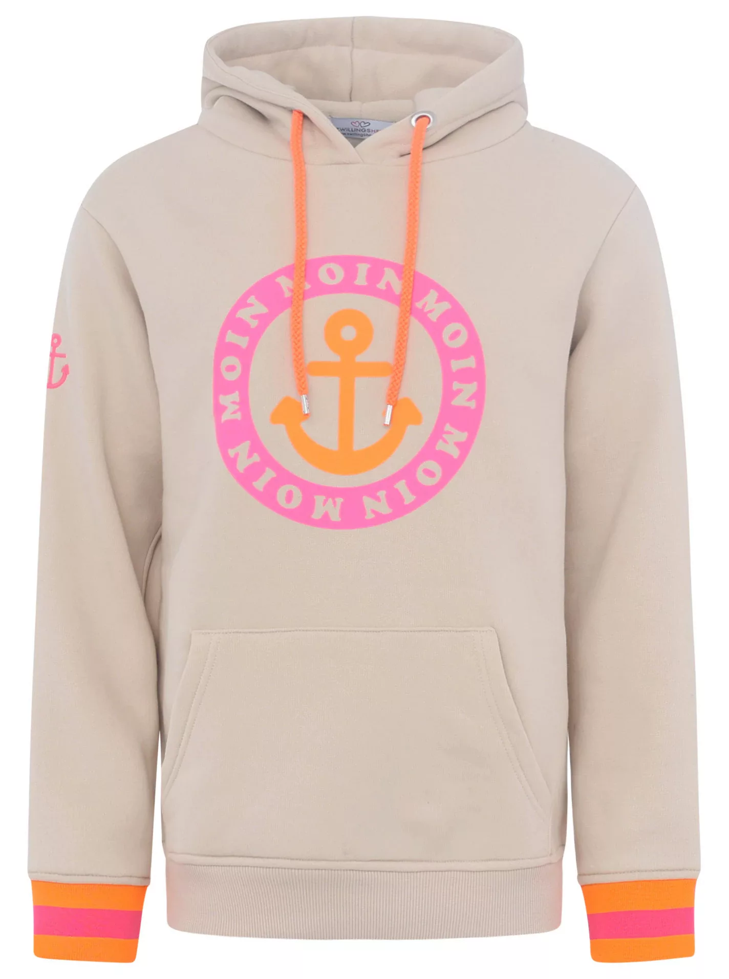 Zwillingsherz Hoodie, mit Aufschrift Moin und Anker in Neonfarben günstig online kaufen