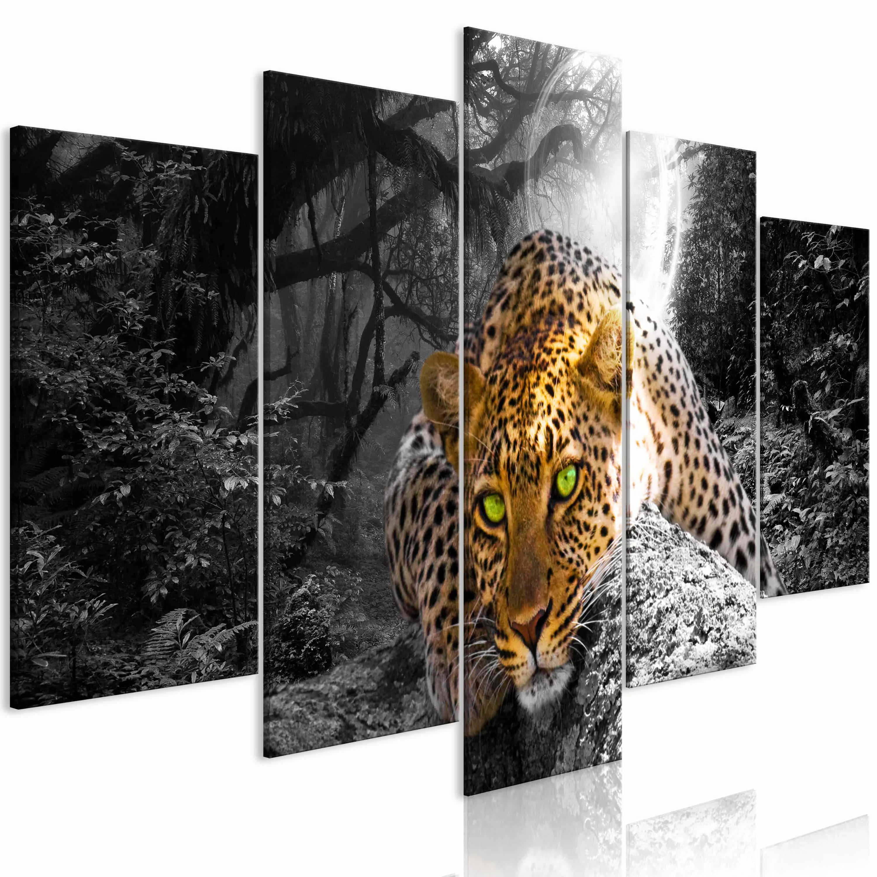 Wandbild - Leopard Lying (5 Parts) Wide Grey günstig online kaufen
