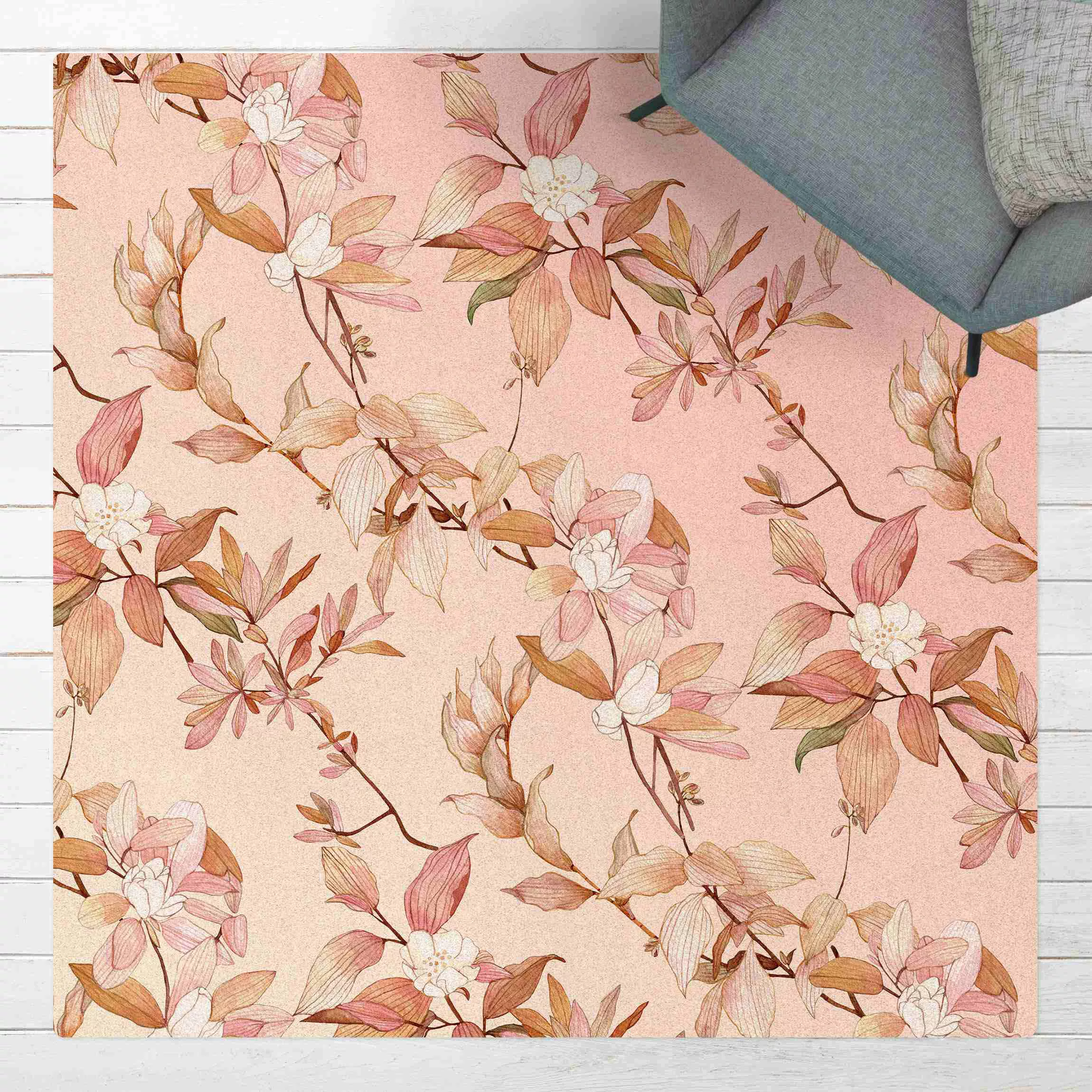 Kork-Teppich Romantisches Blütenaquarell Natur Rosa günstig online kaufen