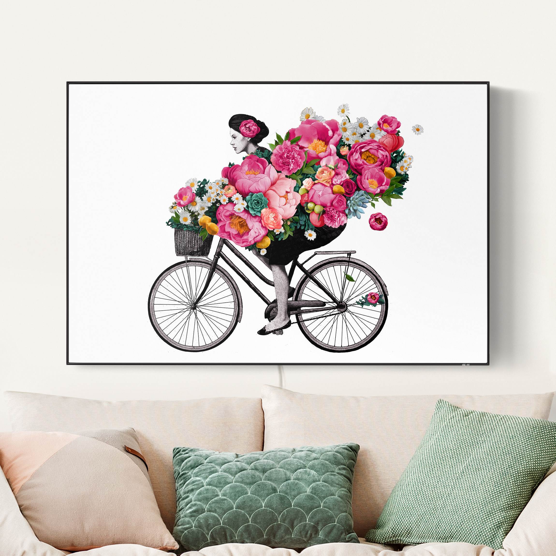 LED-Wechselbild Illustration Frau auf Fahrrad Collage bunte Blumen günstig online kaufen