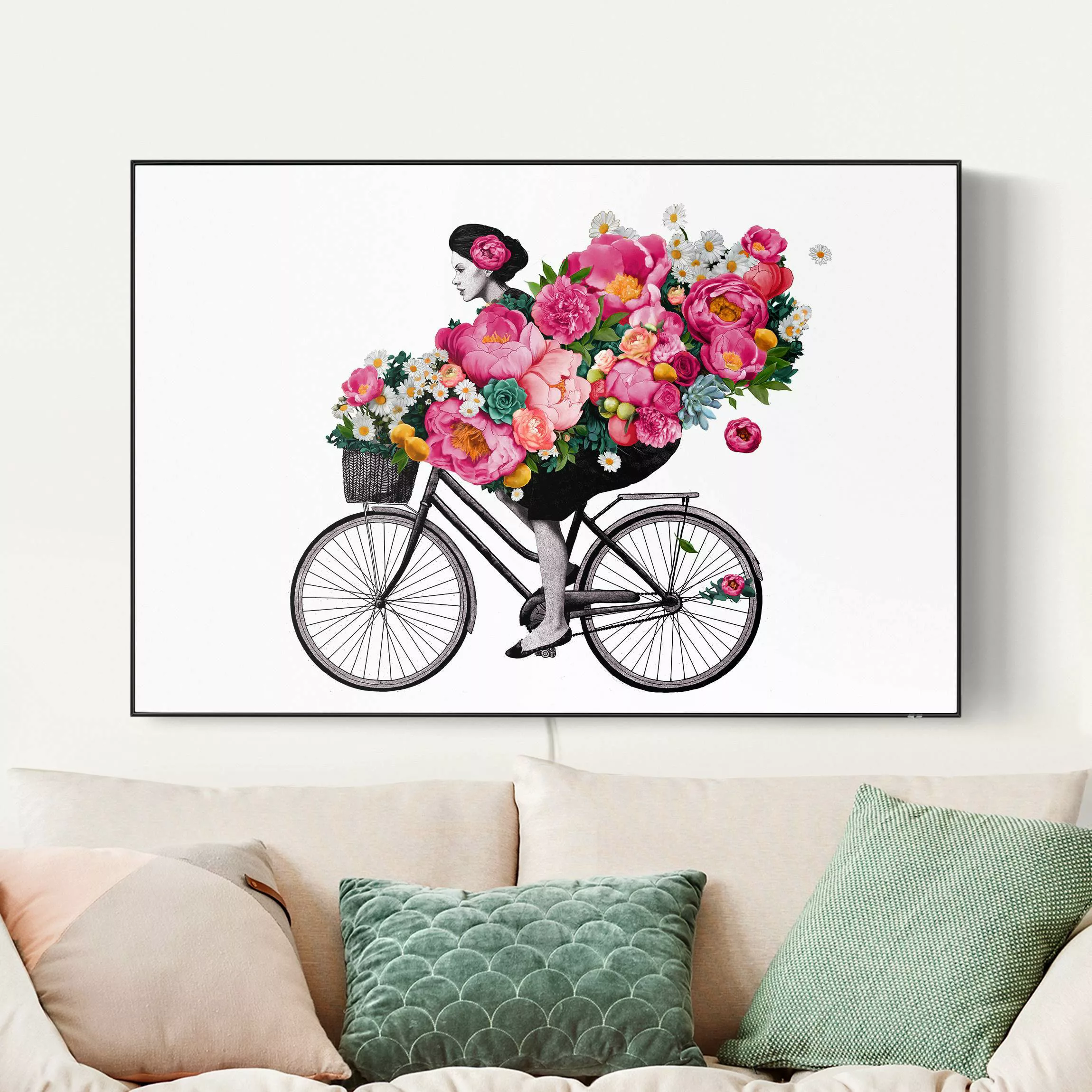 LED-Wechselbild Illustration Frau auf Fahrrad Collage bunte Blumen günstig online kaufen