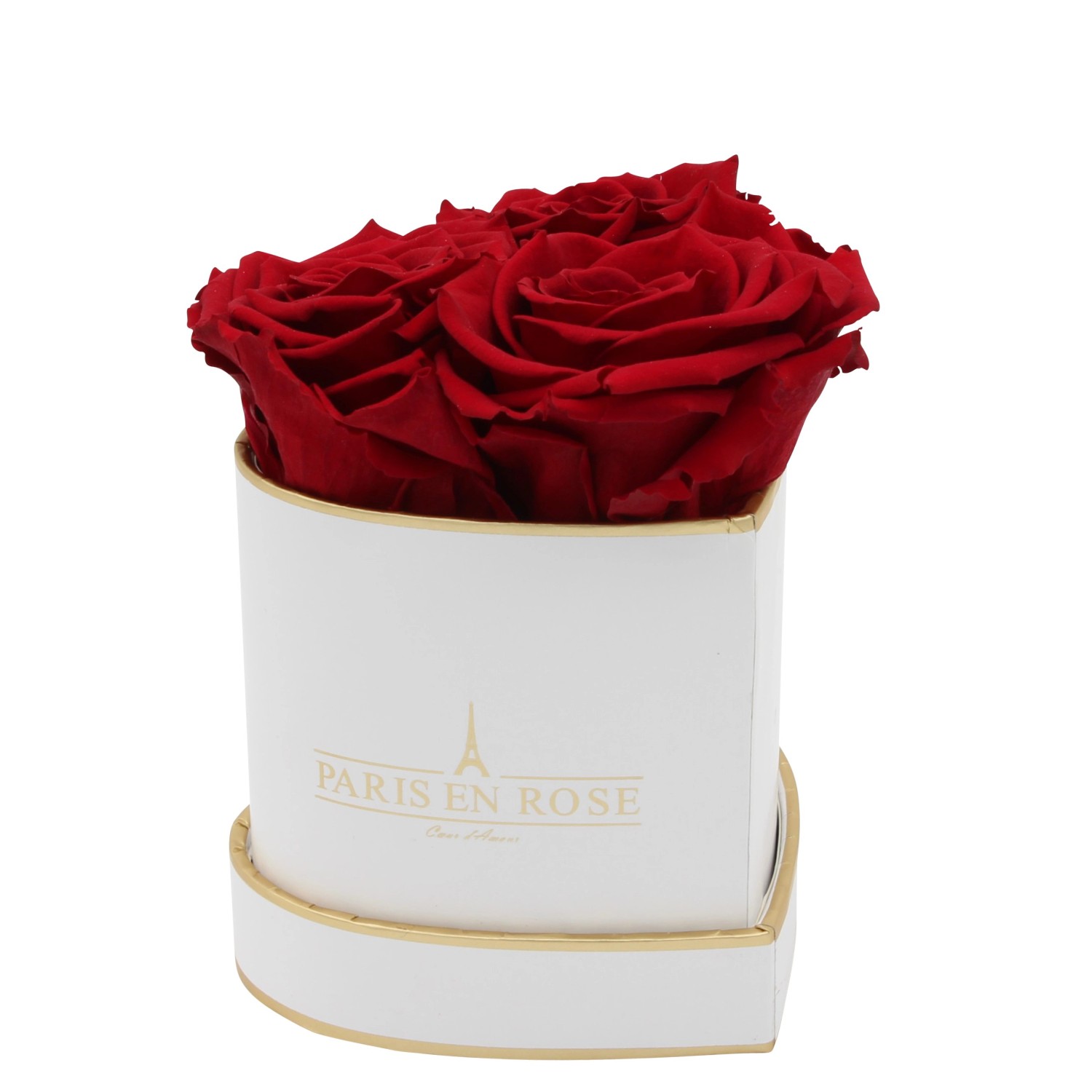 Rosenbox Herz Weiß-Gold mit 3 Bordeaux Rosen günstig online kaufen