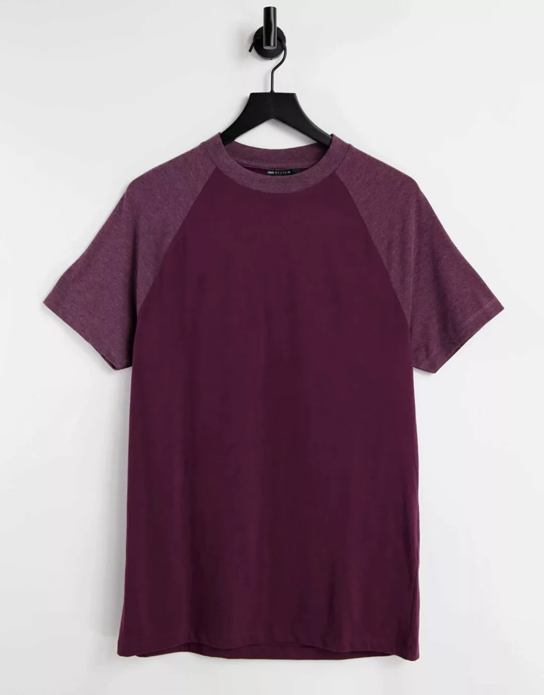 ASOS DESIGN – T-Shirt mit kontrastierenden Raglan-Ärmeln in Burgunder melie günstig online kaufen
