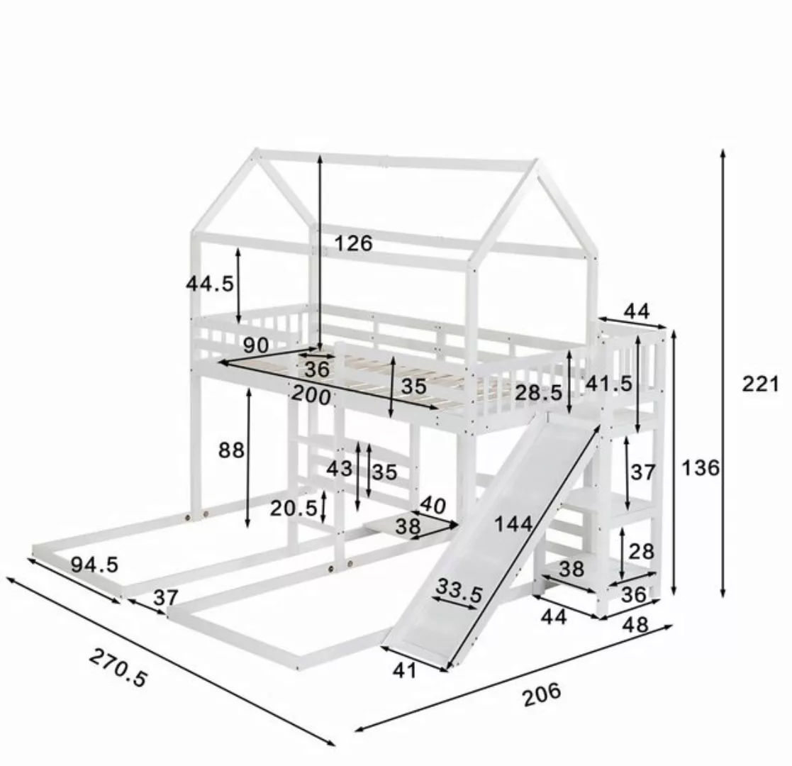 TavilaEcon Etagenbett Hausbett, Kinderbett mit 3 Liegefläche, Weiß, 90x200c günstig online kaufen