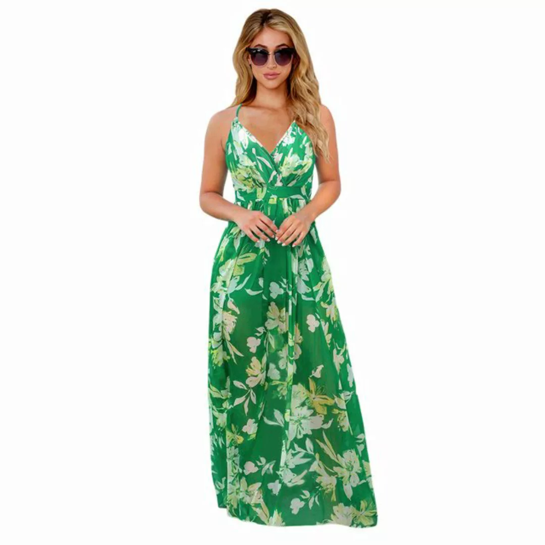 Mayou Strandkleid Damen Blumen Ärmellos V-Ausschnitt Boho Strandkleid Lang günstig online kaufen