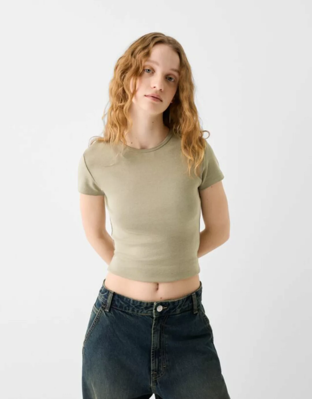Bershka T-Shirt Rundausschnitt Damen 10-12 Khaki günstig online kaufen