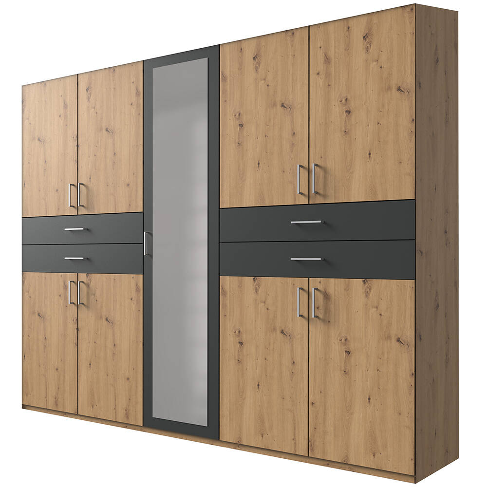 Kleiderschrank mit Spiegel, 225 cm breit modern in Eiche mit graphit TREVIS günstig online kaufen