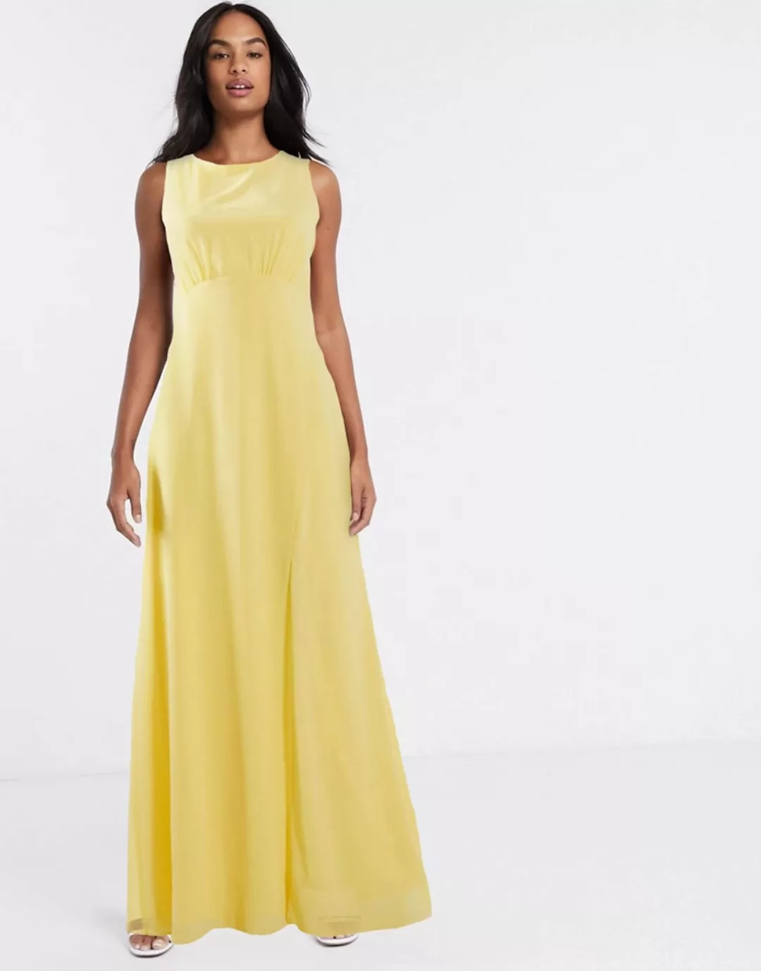 TFNC – Bridesmaid – Zitronengelbes Maxikleid mit Wasserfallausschnitt hinte günstig online kaufen