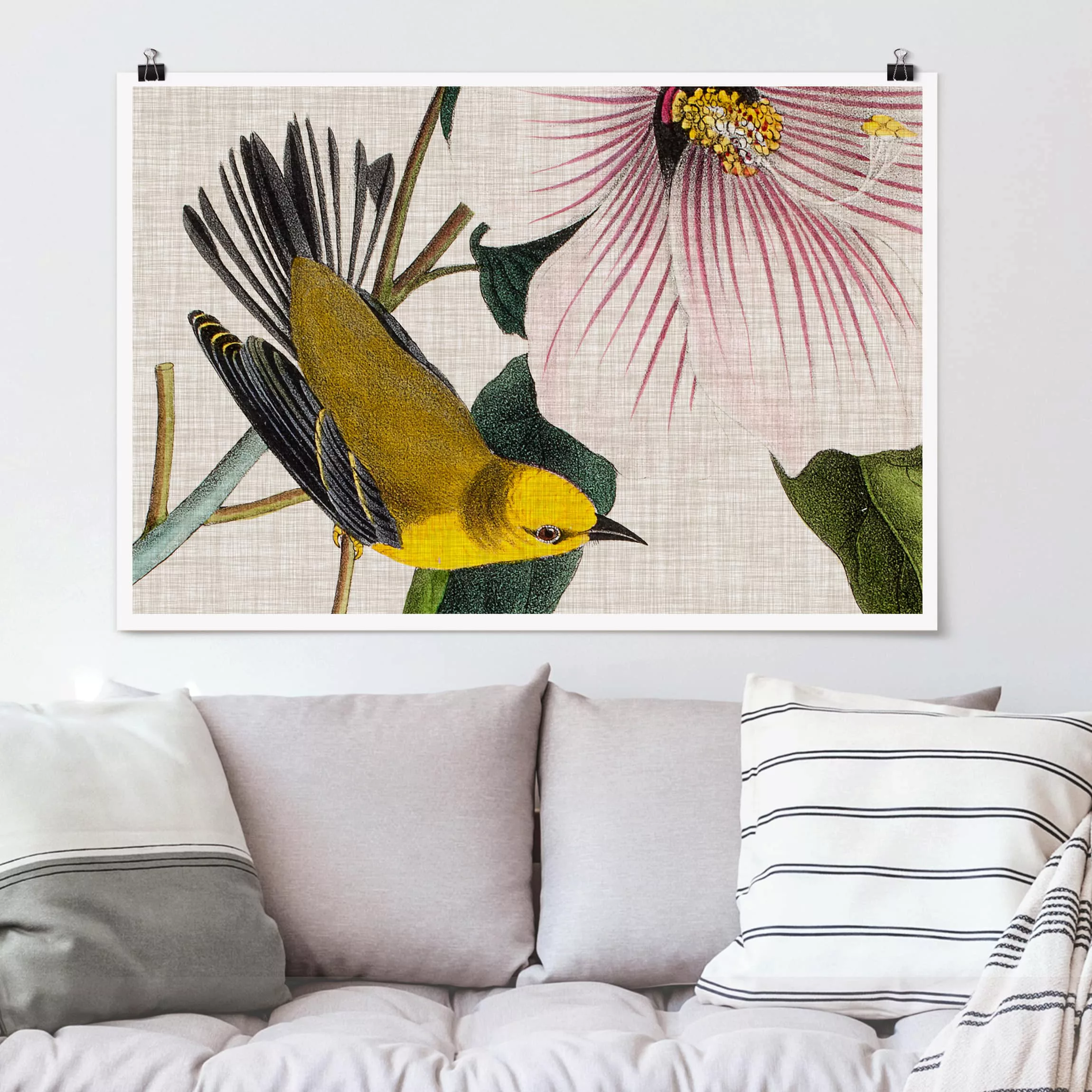 Poster Kunstdruck - Querformat Vogel auf Leinen Gelb I günstig online kaufen