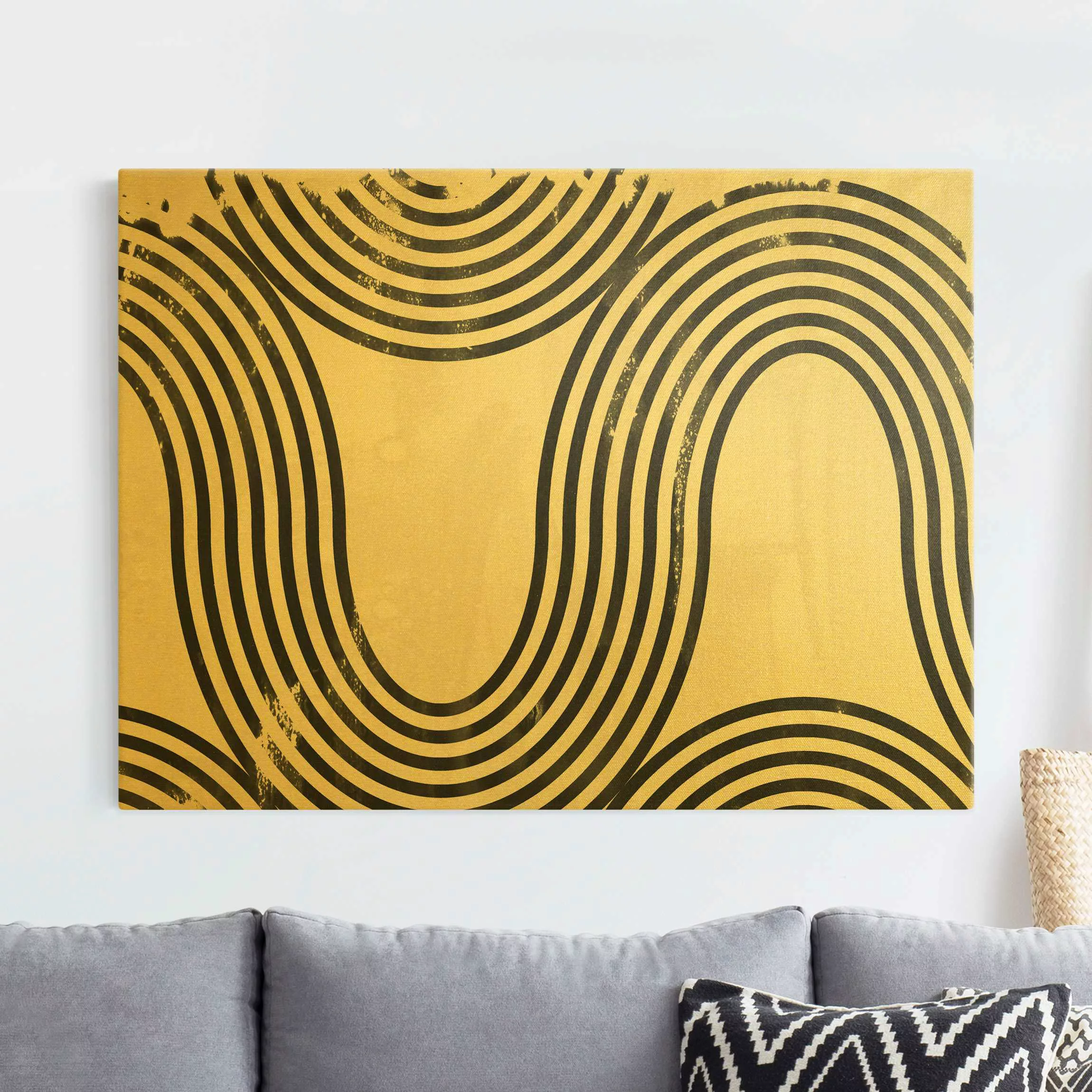 Leinwandbild Gold Geometrische Wellen Schwarz Weiß II günstig online kaufen