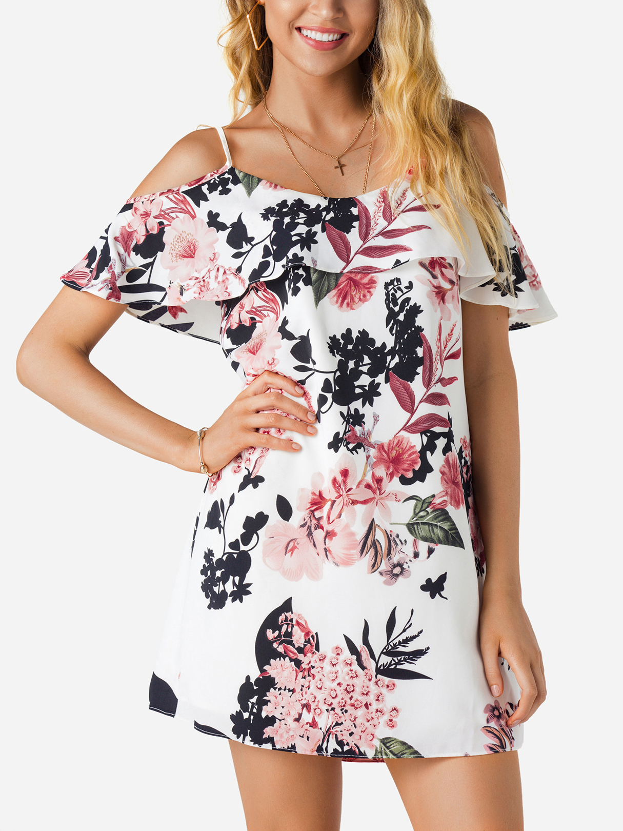 Weiße zufällige florale kalte Schulter Kleid mit Volantdetails günstig online kaufen