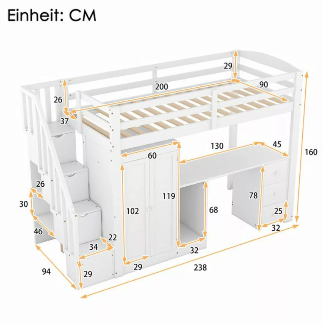 TavilaEcon Hochbett Kinderbett Holzbett mit Kleiderschrank und Treppe, 90x2 günstig online kaufen