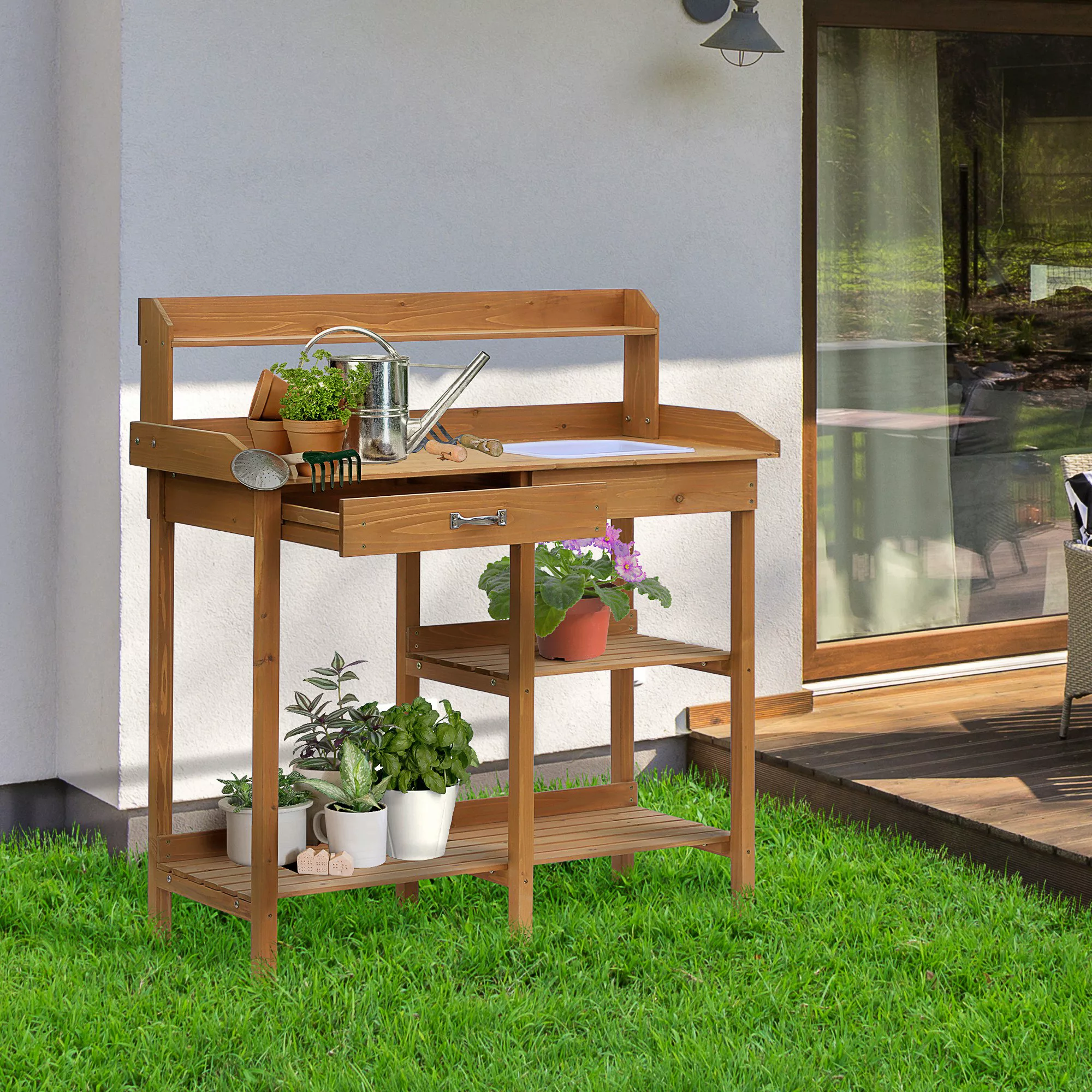 Outsunny Pflanztisch  Gärtnertisch mit Wanne aus Tannenholz, H112cm, für Ga günstig online kaufen