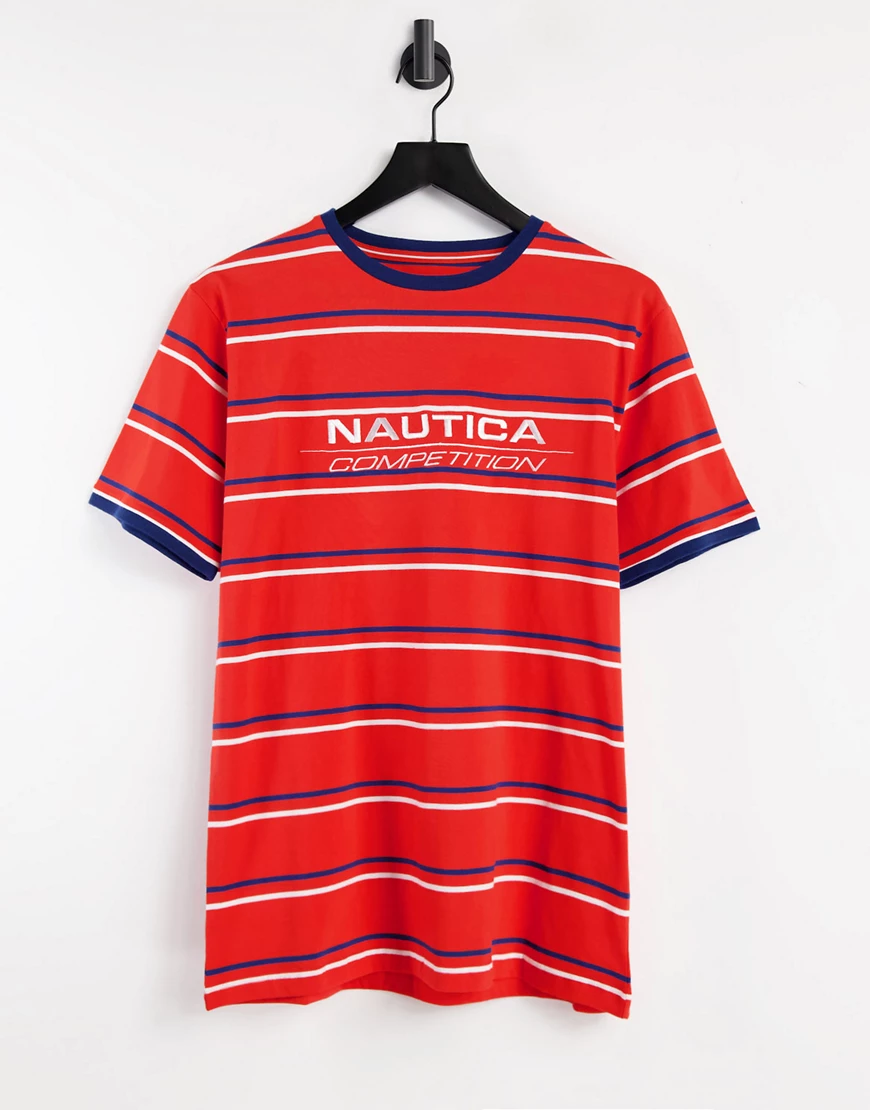 Nautica – Competition Columbus Engineered – Gestreiftes T-Shirt in Rot günstig online kaufen