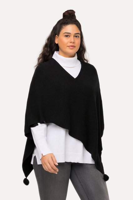 Ulla Popken Strickpullover Strick-Poncho Zipfelsaum Quaste V-Ausschnitt günstig online kaufen