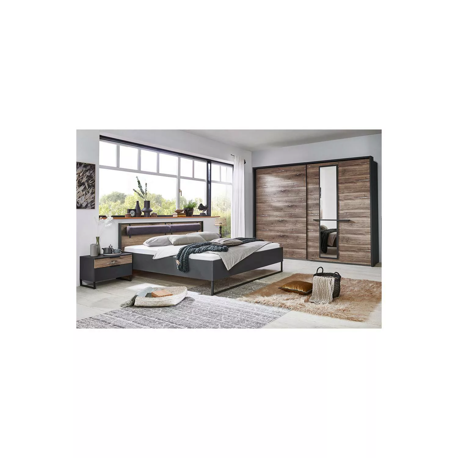 Schlafzimmer Set mit Nachttisch 2er Set in graphit mit Flagstaff Eiche Nb. günstig online kaufen