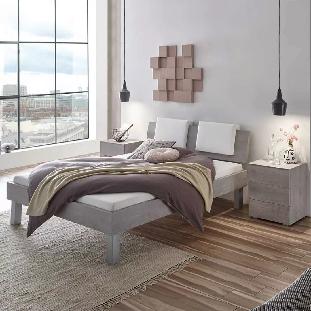 Doppelbett in Beton Grau gepolstertem Kopfteil in Weiß (dreiteilig) günstig online kaufen