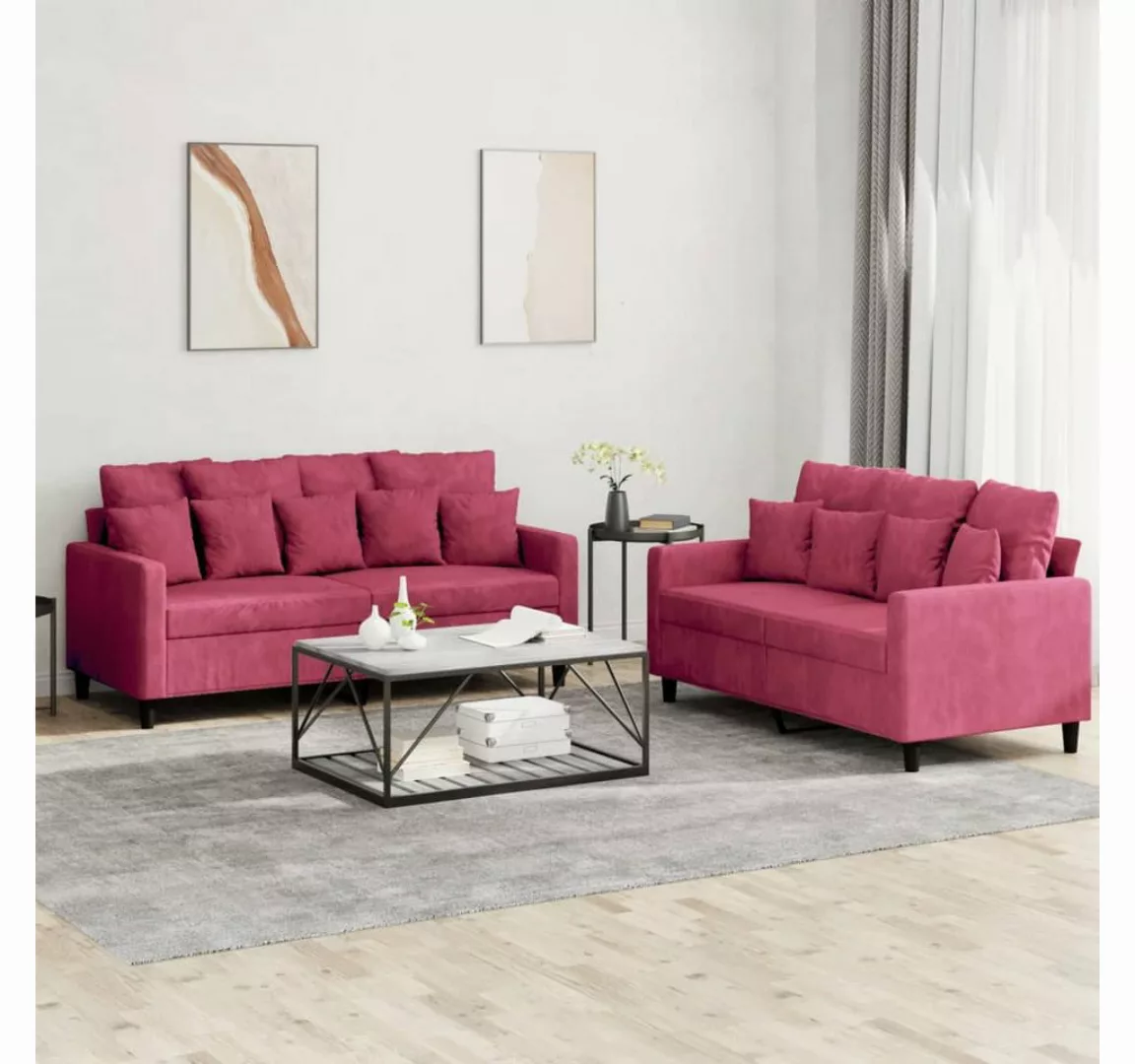 vidaXL Sofa, 2-tlg. Sofagarnitur mit Kissen Weinrot Samt günstig online kaufen