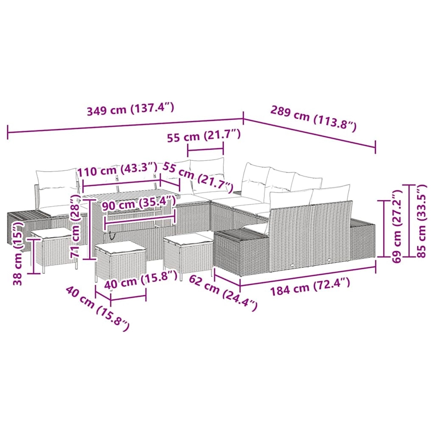 vidaXL Garten-Sofa-Set mit Kissen 14-Tlg Schwarz Poly Rattan 3362850 günstig online kaufen