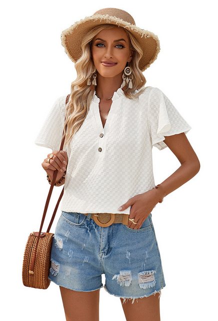 CHENIN Kurzarmhemd Damen Summer Fresh T-Shirt mit V-Ausschnitt und Knopfver günstig online kaufen