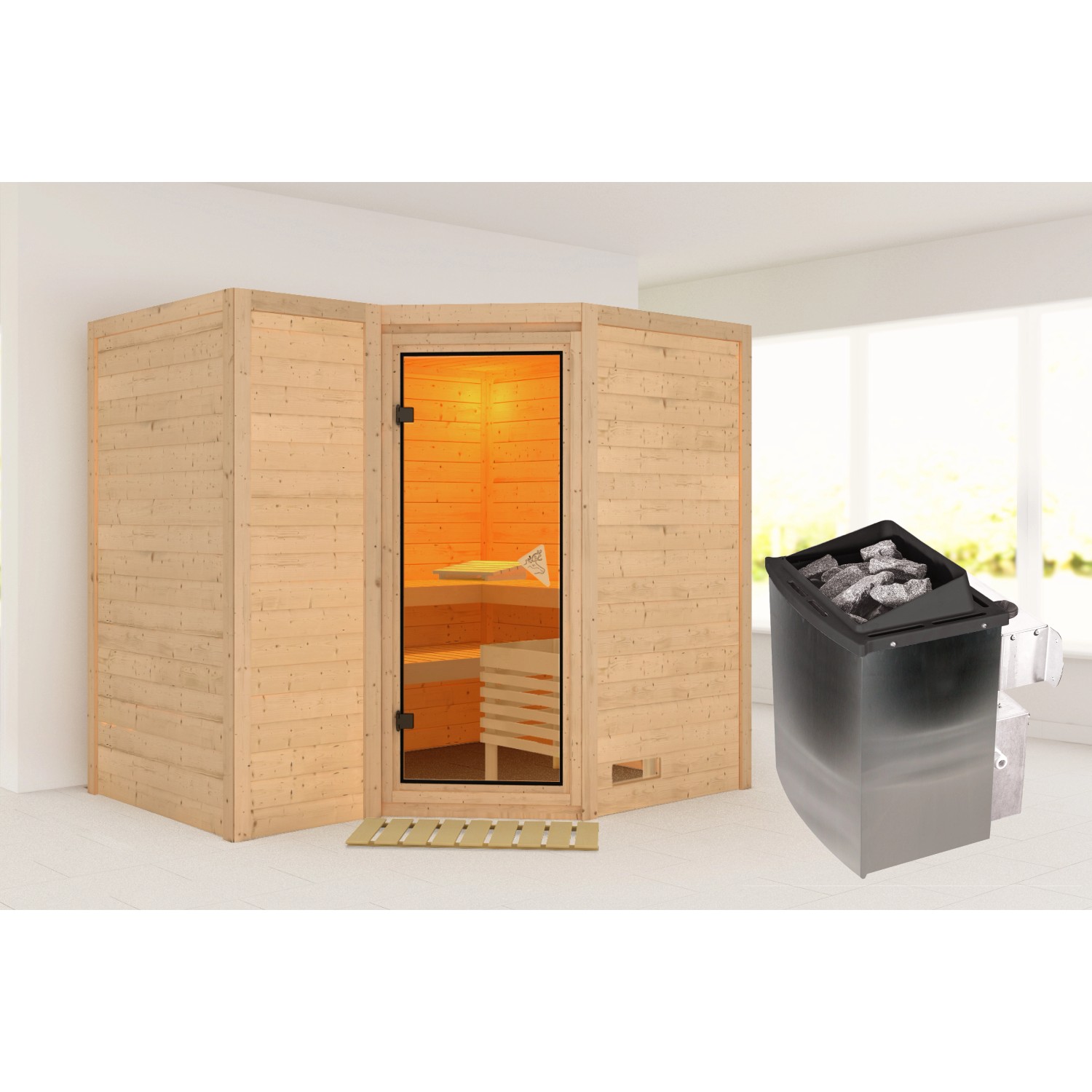 Karibu Sauna Steena 2 mit Ofen intergrierte Stg.Natur günstig online kaufen