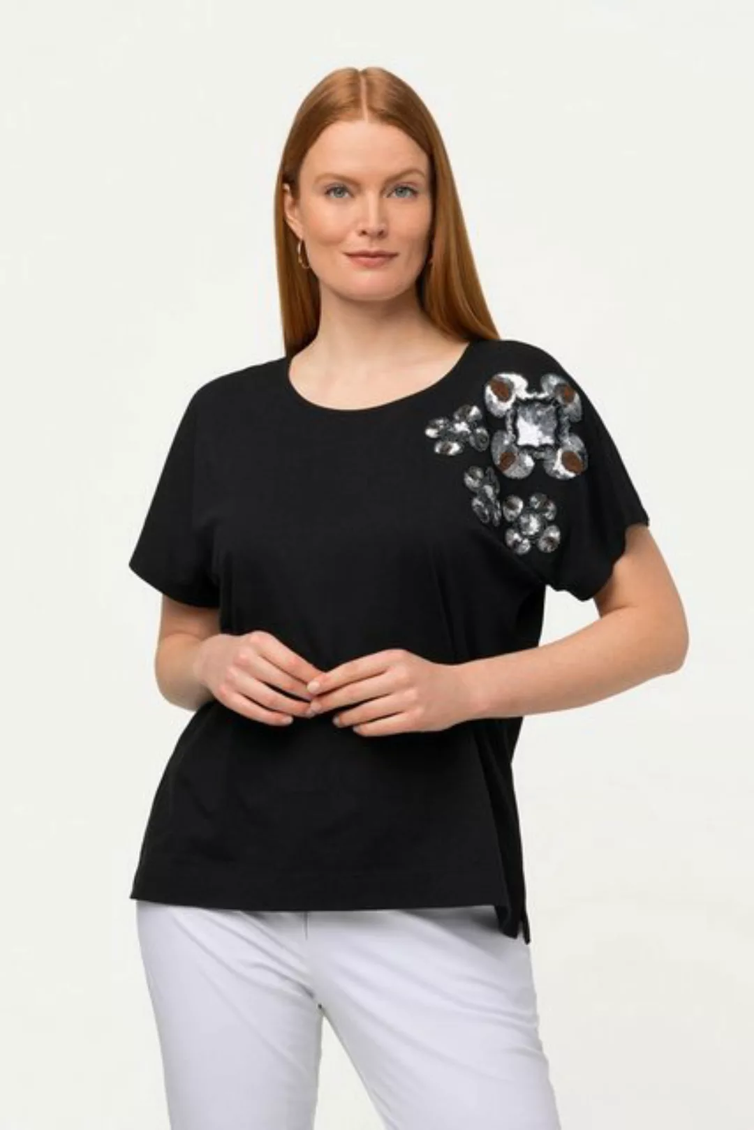 Ulla Popken Rundhalsshirt T-Shirt Pailletten-Blüten Oversized Rundhals günstig online kaufen