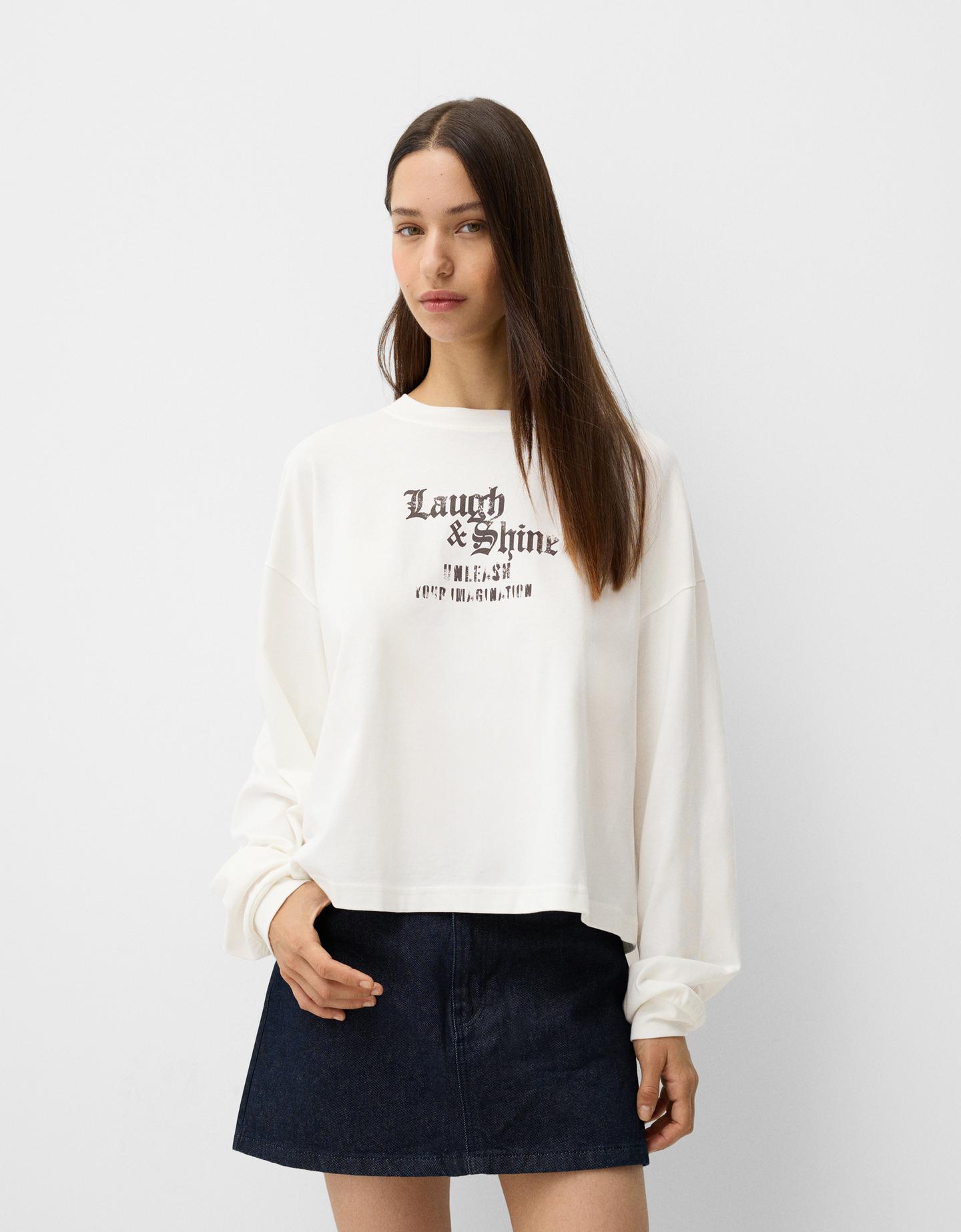 Bershka Langarmshirt Mit Print Damen M Grbrochenes Weiss günstig online kaufen