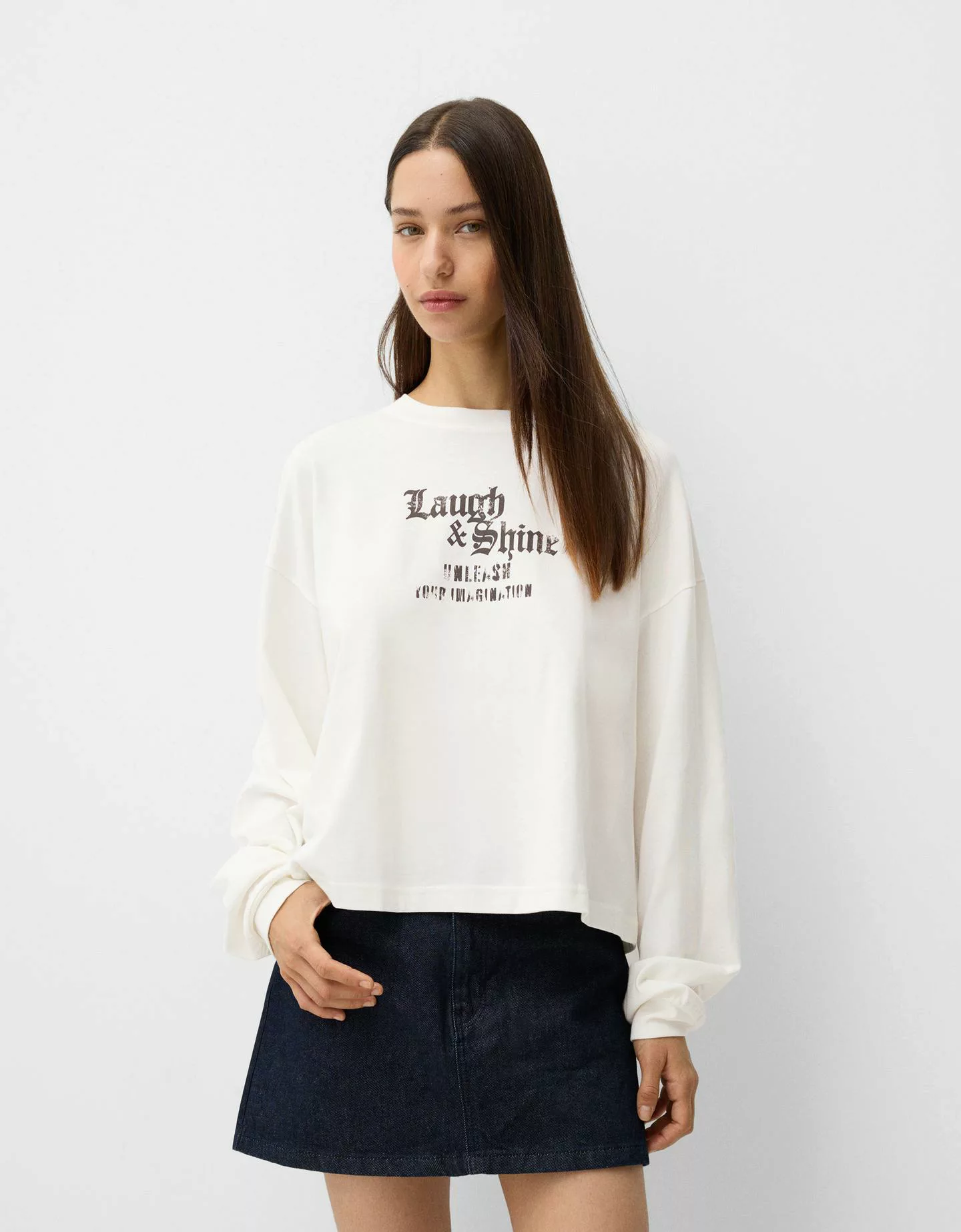 Bershka Langarmshirt Mit Print Damen L Grbrochenes Weiss günstig online kaufen