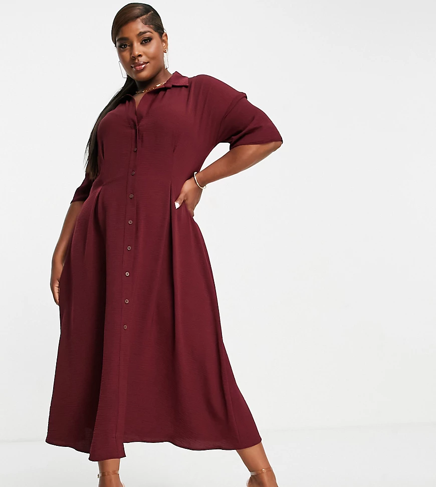 ASOS DESIGN Curve – Midi-Hemdkleid in Schwarzrot mit Knopfleiste günstig online kaufen