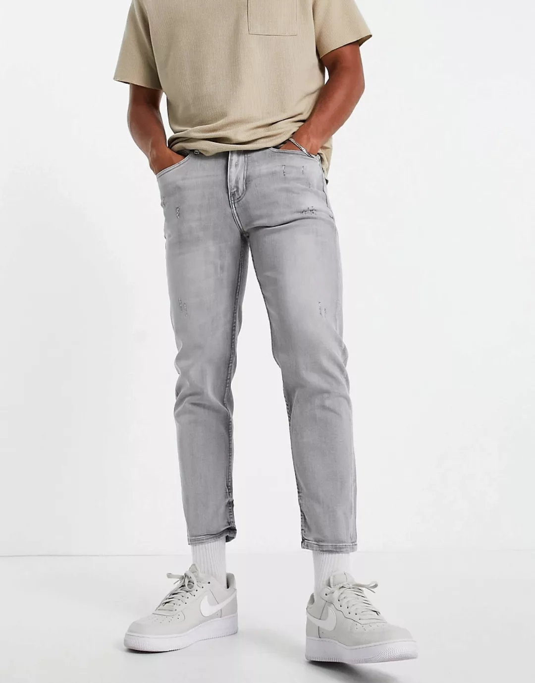New Look – Schmale, kurz geschnittene Jeans in Mittelgrau günstig online kaufen