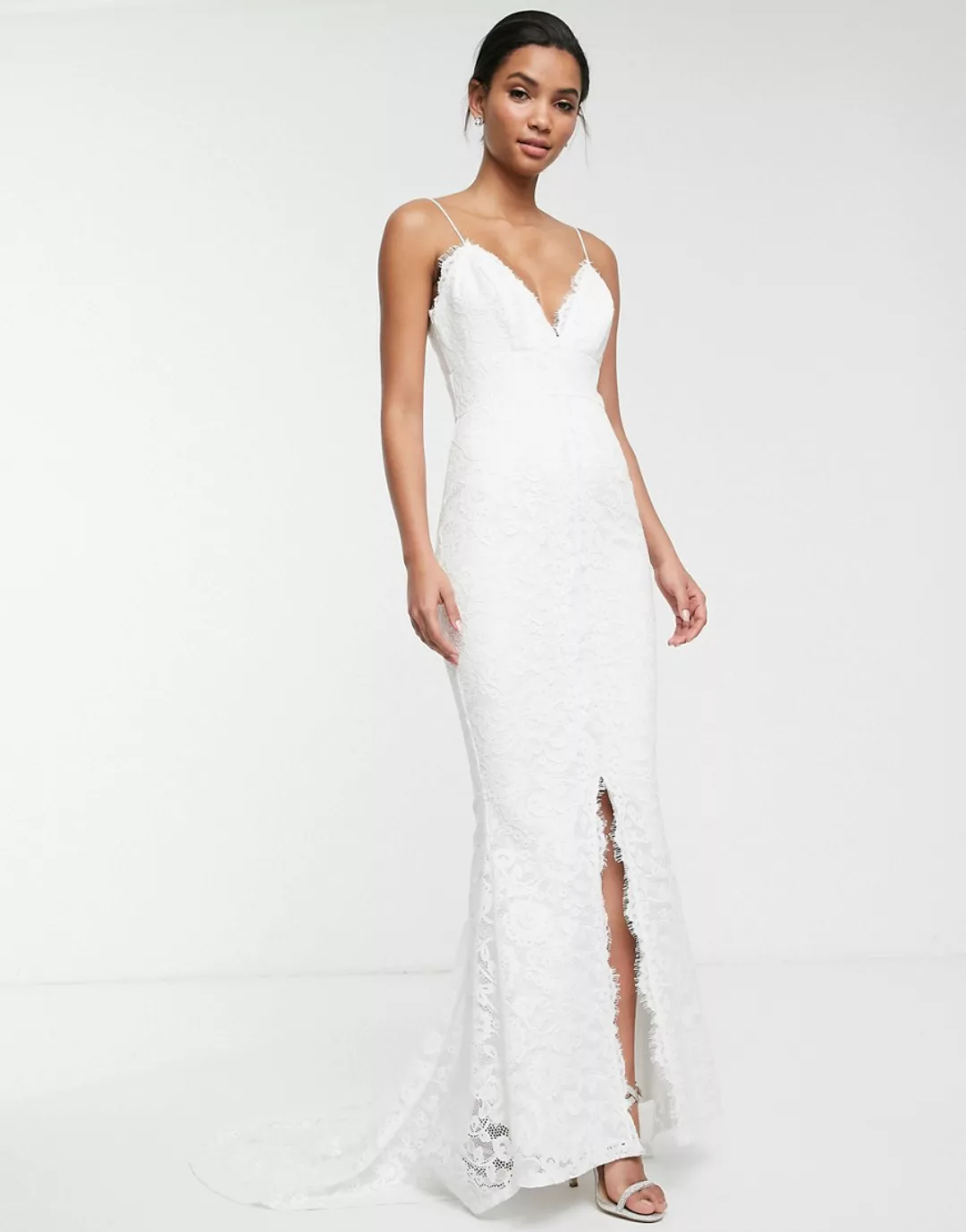 ASOS EDITION – Elegantes Hochzeitskleid aus Spitze mit Camisole-Trägern-Wei günstig online kaufen