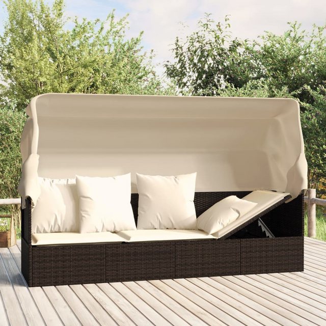 vidaXL Loungebett Outdoor-Loungebett mit Dach und Kissen Braun Poly Rattan günstig online kaufen