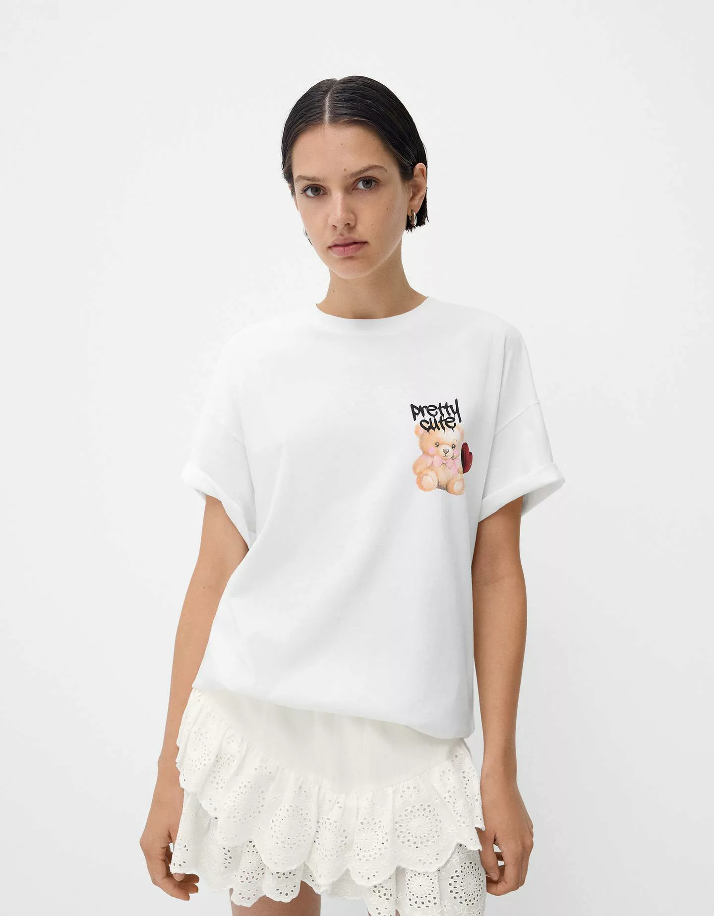 Bershka Oversize-T-Shirt Mit Print Damen S Grbrochenes Weiss günstig online kaufen