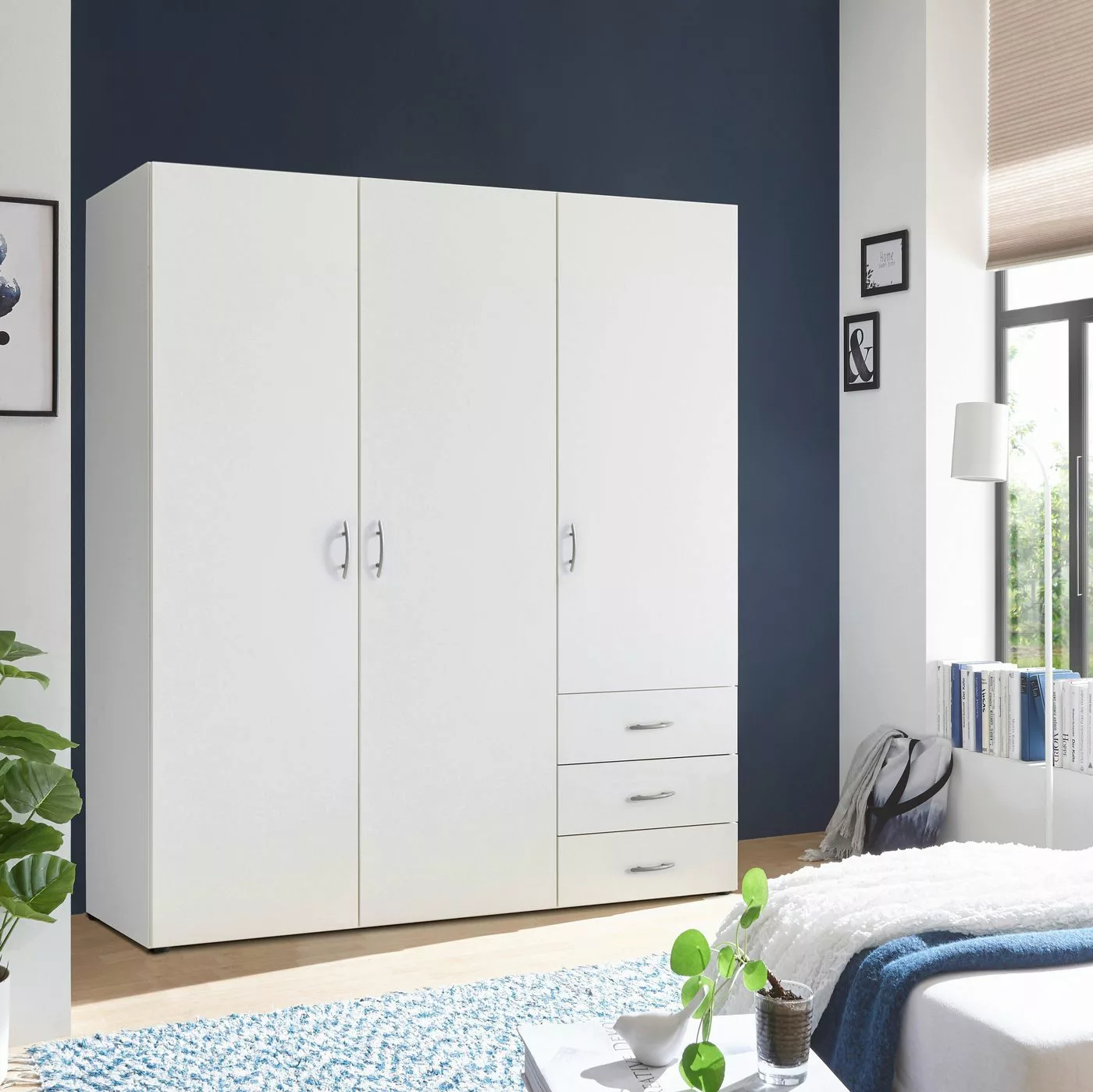 möbelando Kleiderschrank Harry (BxHxT) 150x176x52 cm) in Weiß mit 3 Schubla günstig online kaufen