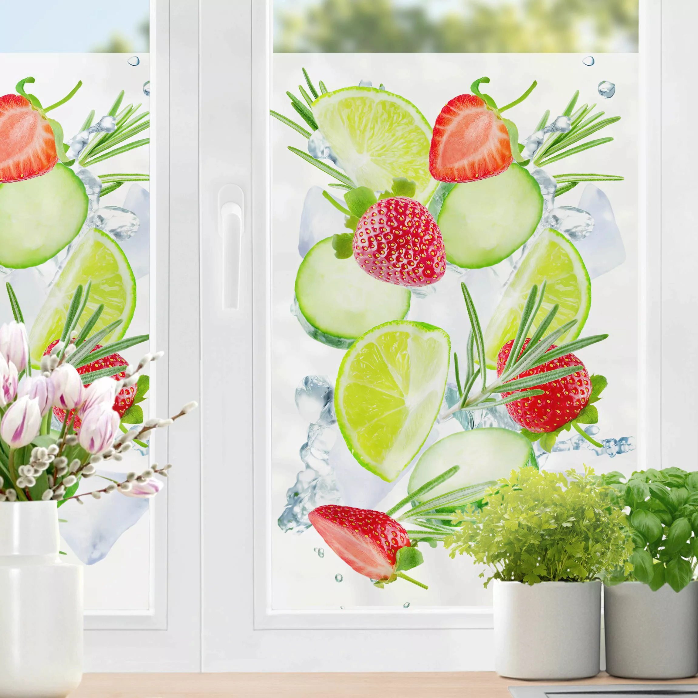 Fensterfolie Erdbeeren Limetten Eiswürfel Splash günstig online kaufen