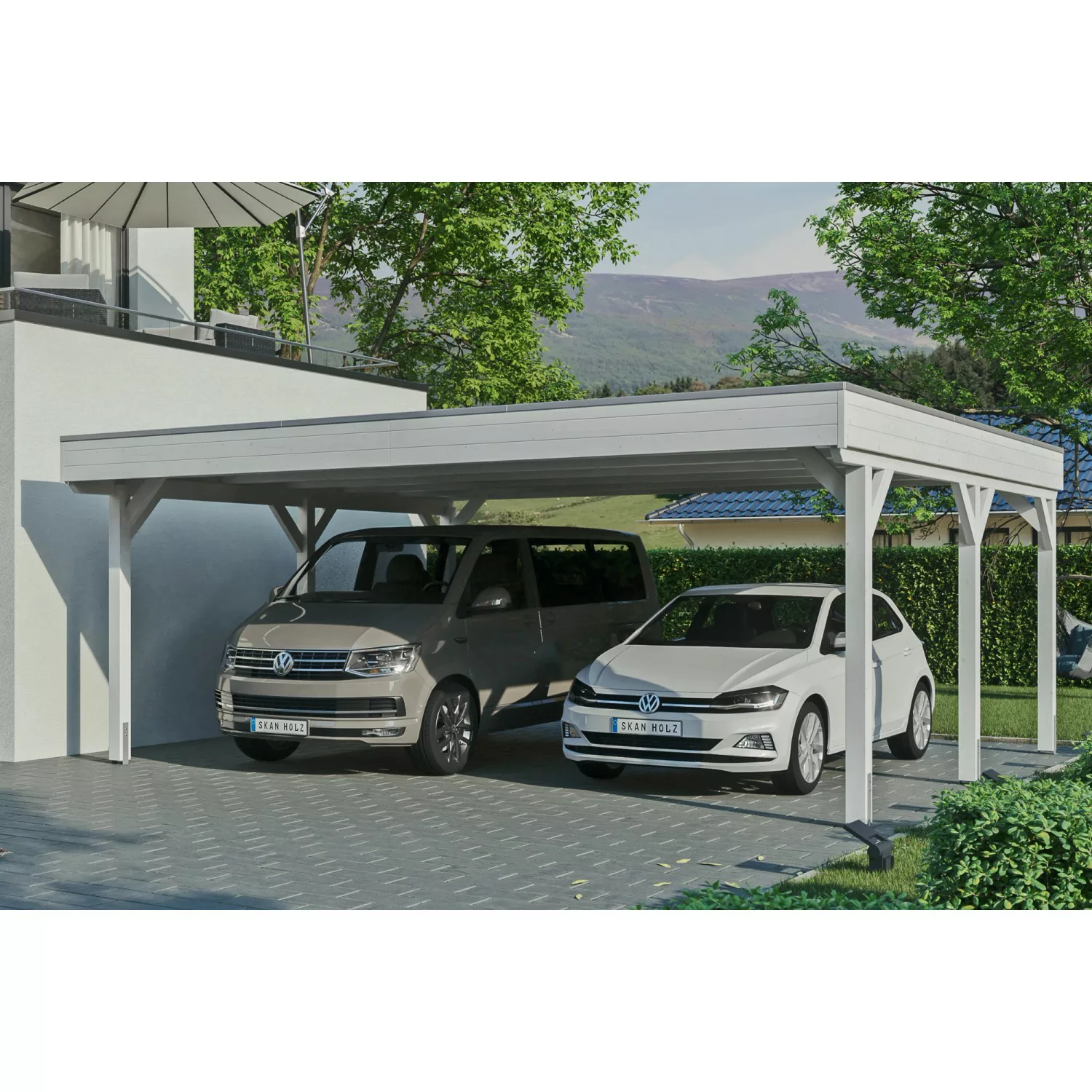Skan Holz Carport Grunewald 622 cm x 554 cm mit Aluminiumdach Weiß günstig online kaufen