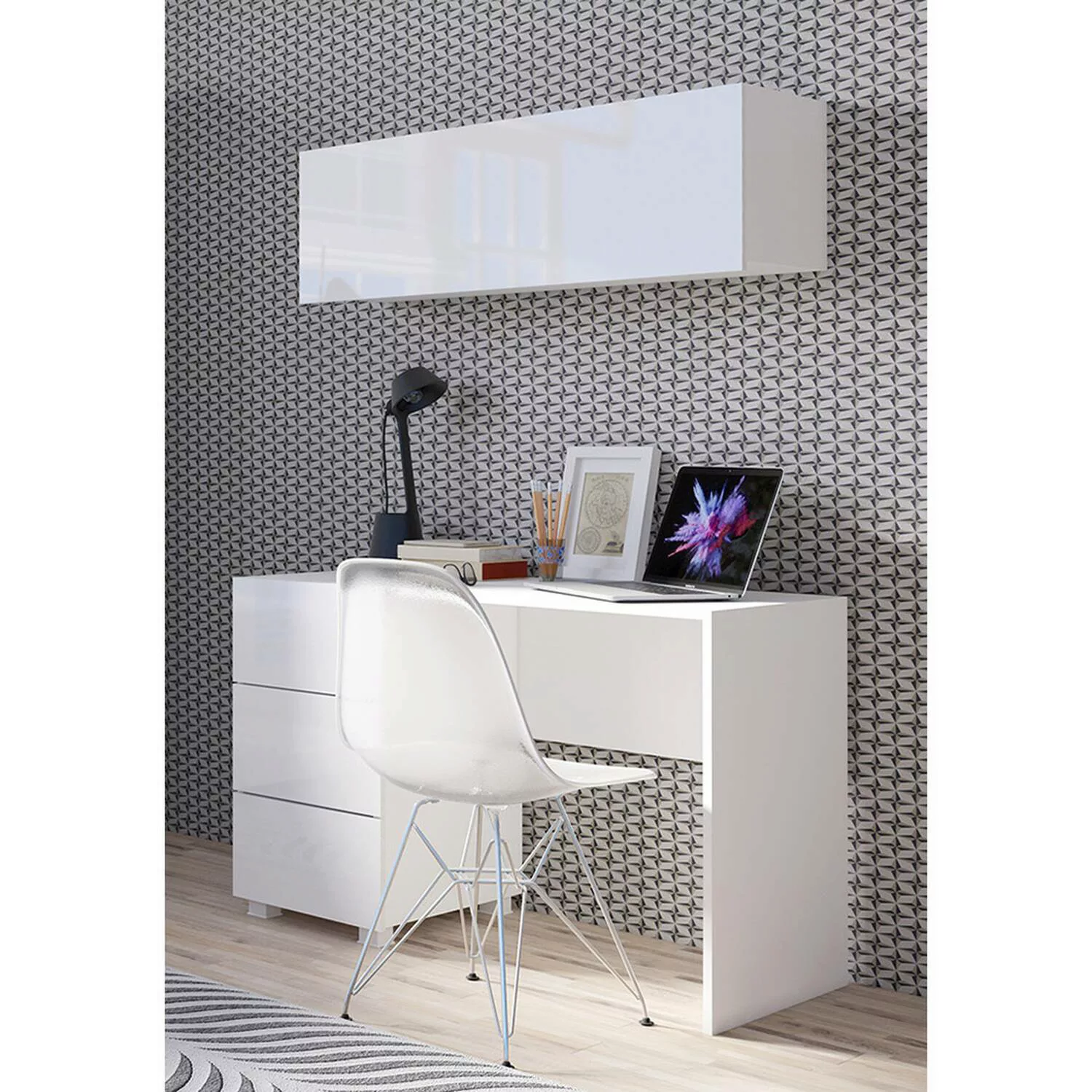 Schreibtisch mit Wandregal in weiß Hochglanz CAIRNS-132, B/H/T ca. 110/200/ günstig online kaufen