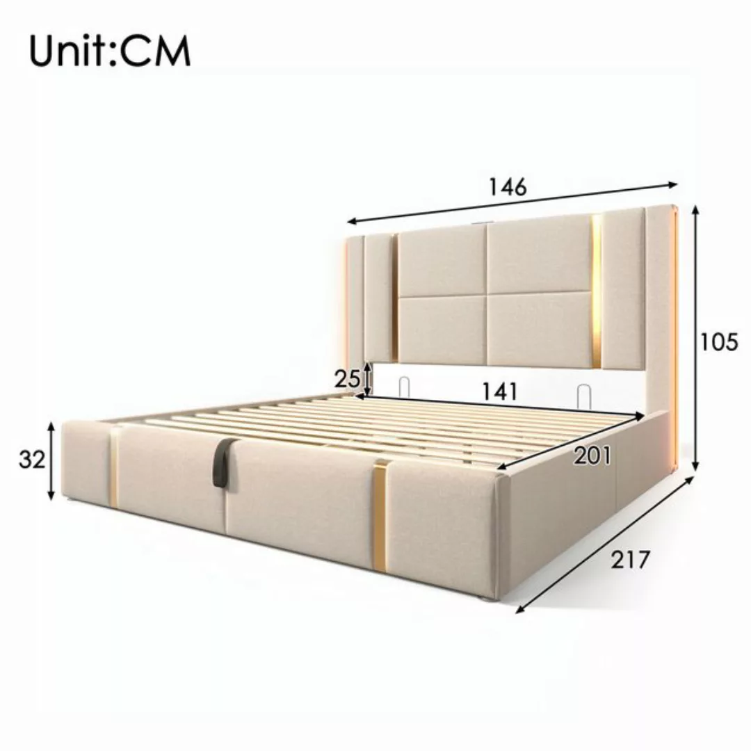 Rutaqian Stauraumbett Polsterbett 140×200 Mit Matratze Doppelbett mit LED, günstig online kaufen