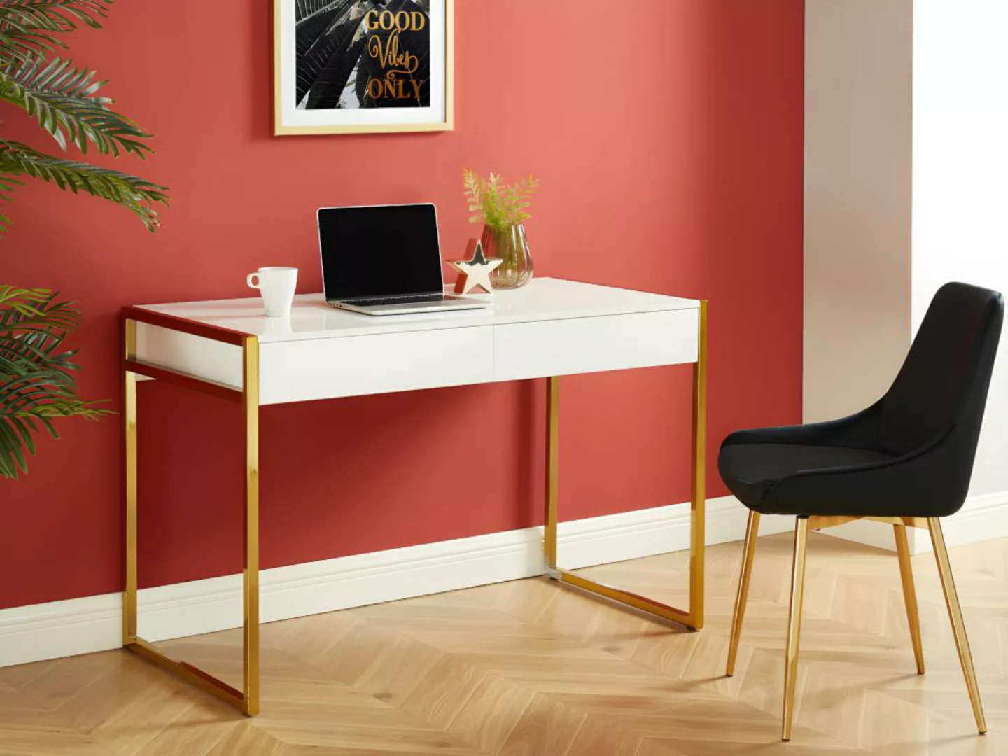 Schreibtisch mit 2 Schubladen - MDF & Metall - Goldfarben & Weiß - MASON vo günstig online kaufen